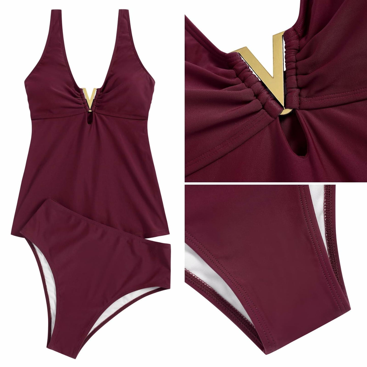 ZAFUL Women’s Tankini Set V Neck High Waisted Ruched 2pc Plum Pie M