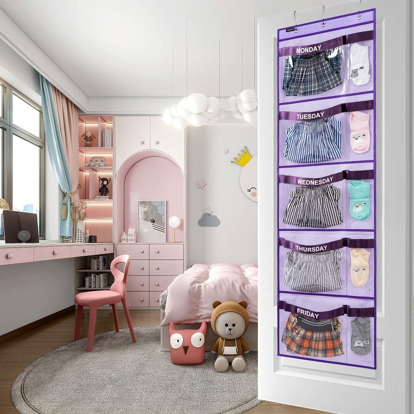 ANZORG Hanging Closet Organizer Kids Weekly Clothes Storage Purple
