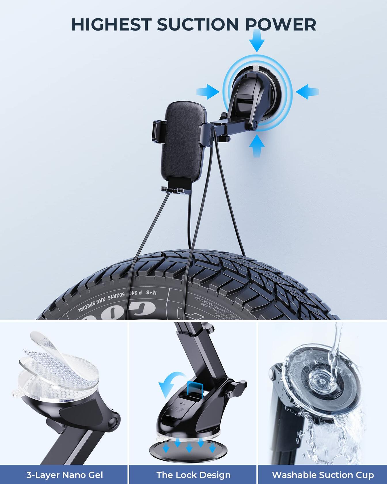 QAB Car Phone Mount Windshield Holder Military-Grade Suction Black