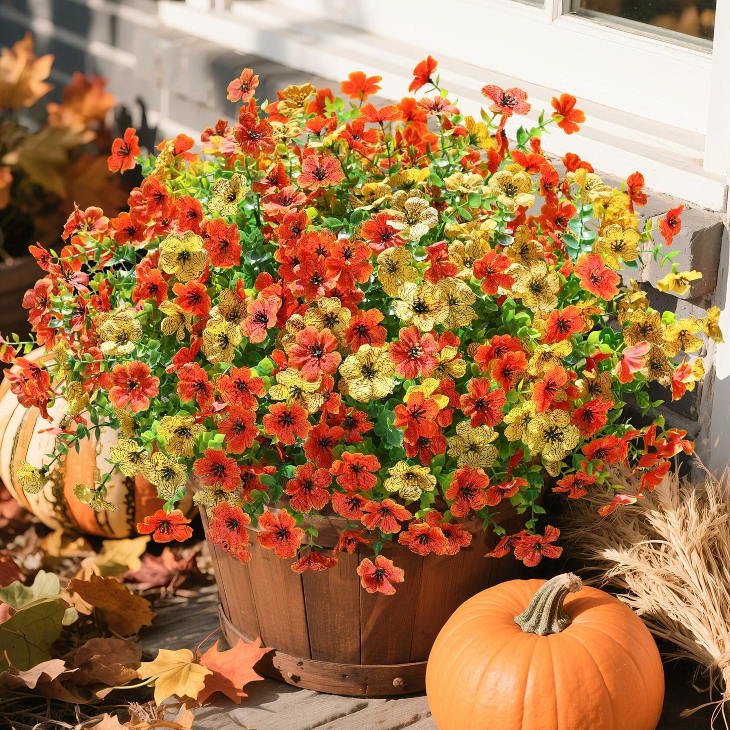 florisso Artificial Fall Mums Outdoor Decoration Orange Yellow 12 Bundles