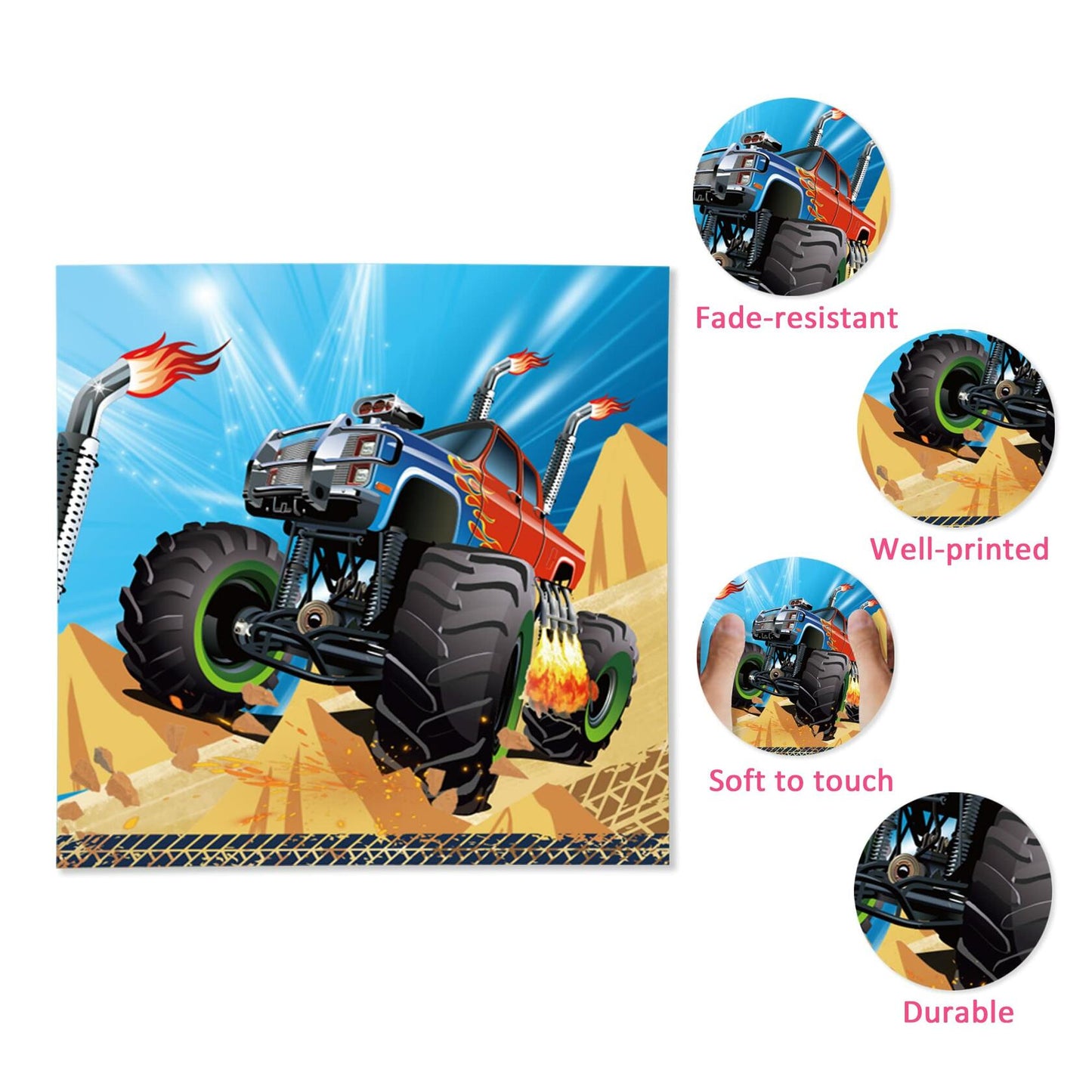 OXYLIPO Monster Truck Dessert Napkins 40pcs 13x13in 3-Ply Paper Party