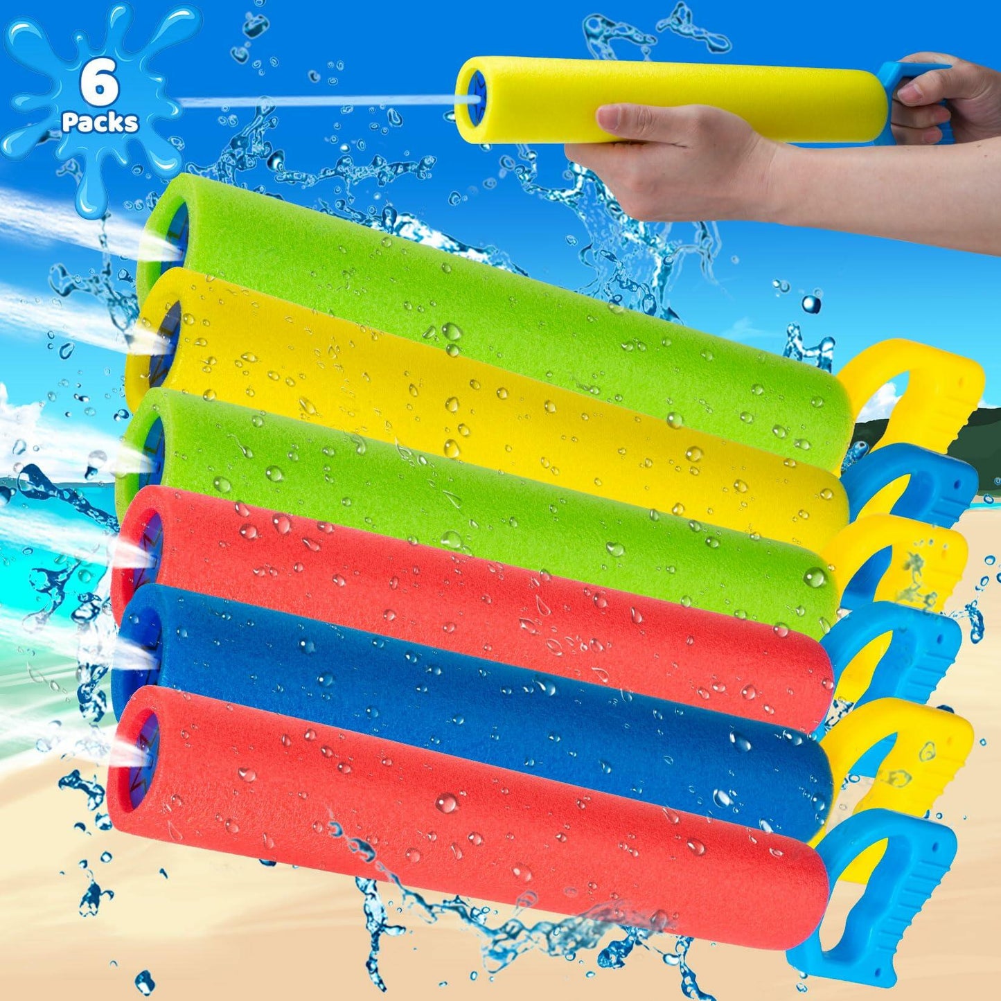 Xouduxpl Pool Foam Blaster Water Guns 6 Pack, Lightweight, 38ft Range, Rainbow