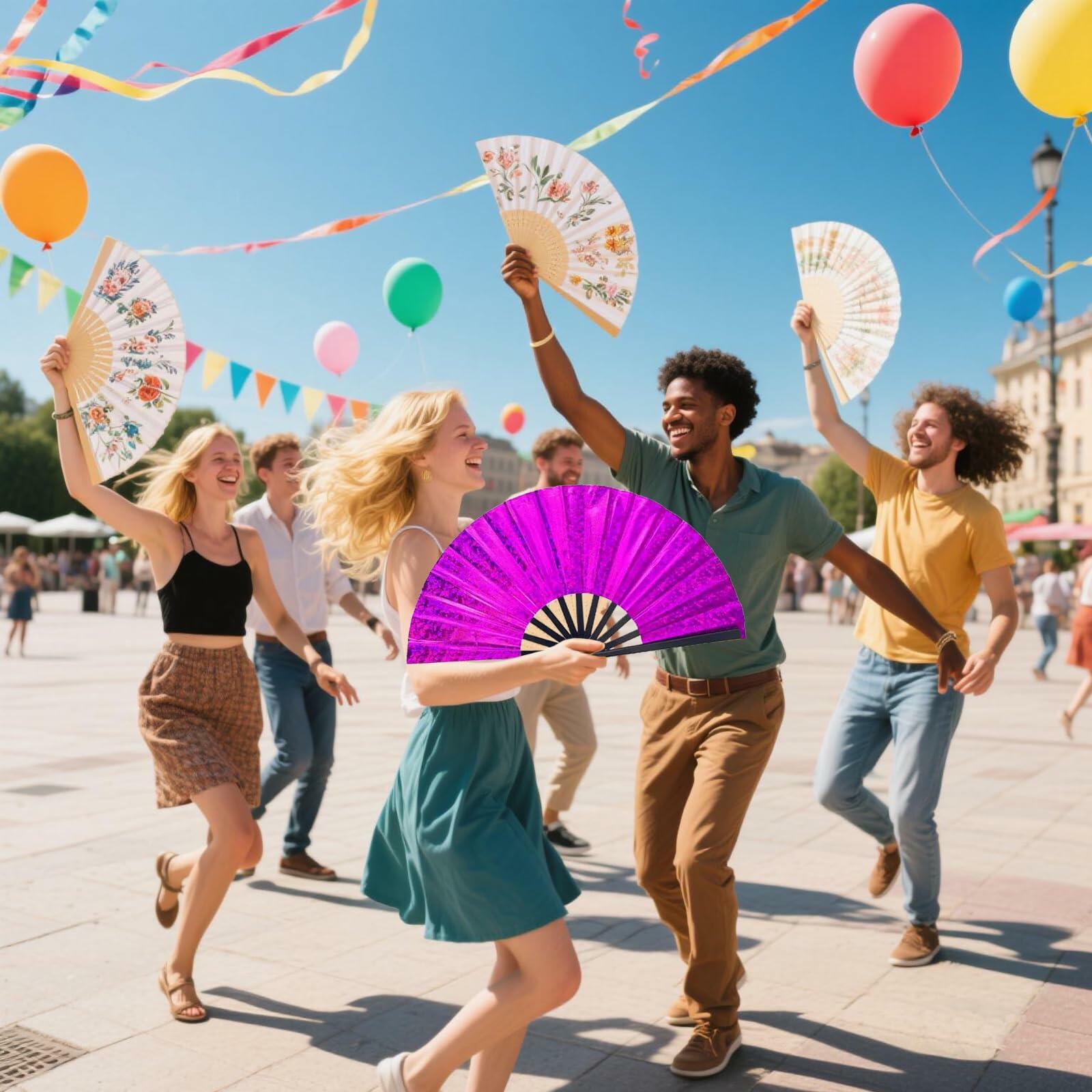 Grombolar Upgraded Hand Fan Foldable Line Dance Popping 13in Flashing Rose Red