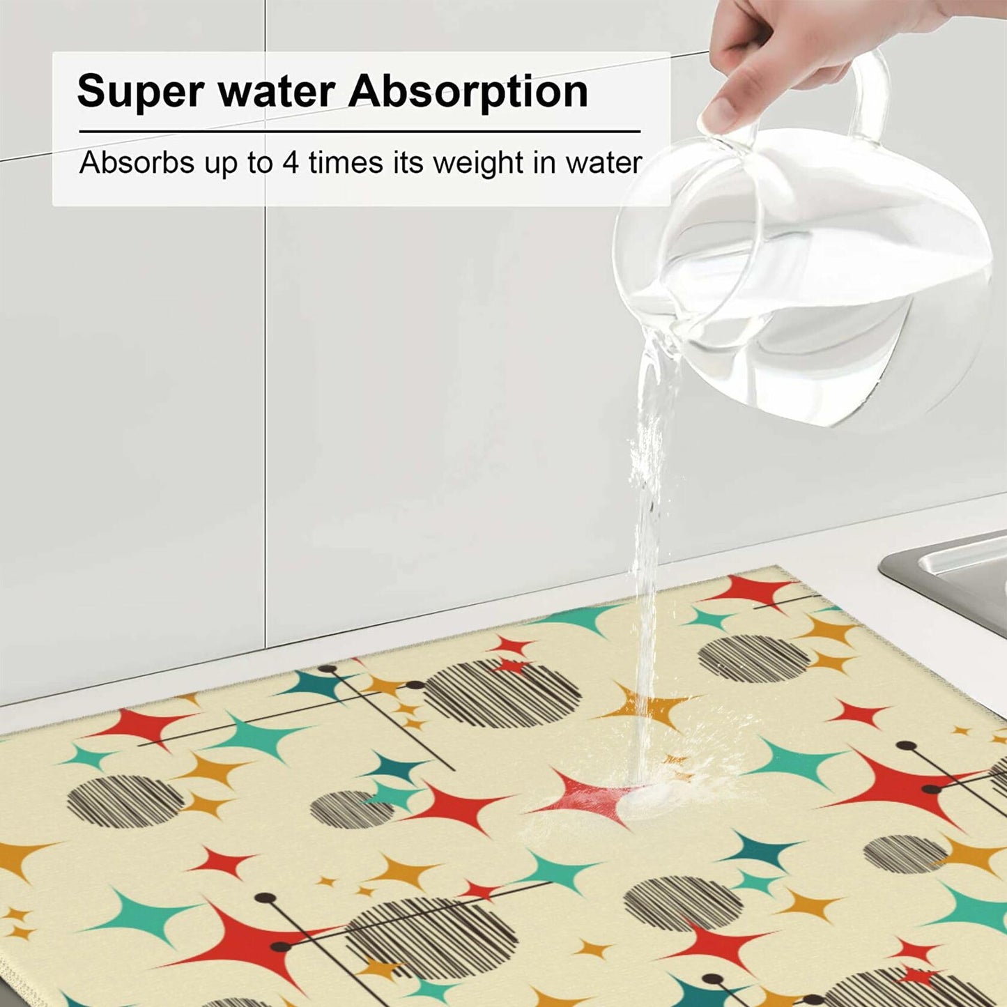 TNOKKU Mid Century Modern Atomic Retro Dish Drying Mat Yellow 16x18