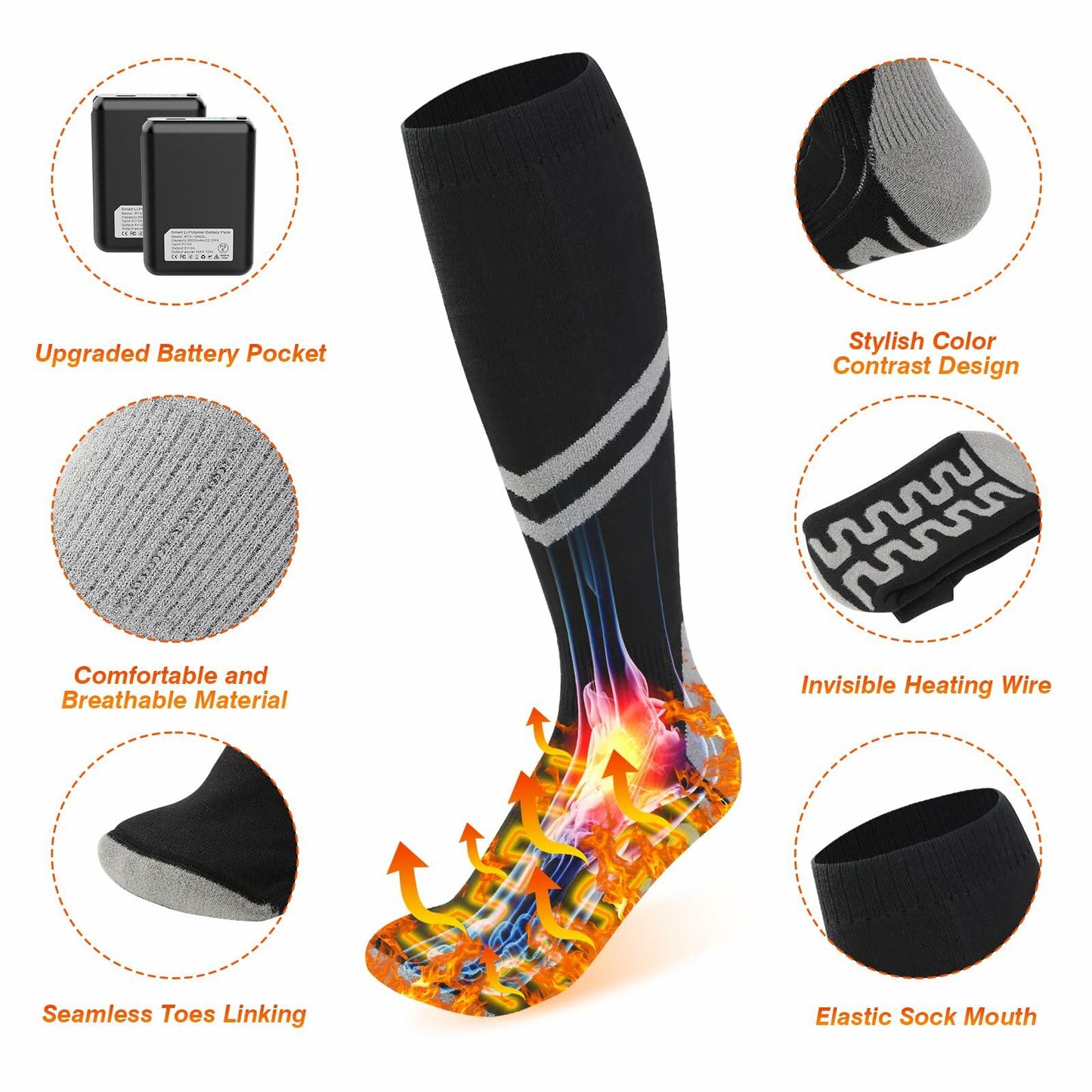 Ferdiiz Rechargeable Heated Socks Electric Foot Warmer 6000mAh Black&Grey