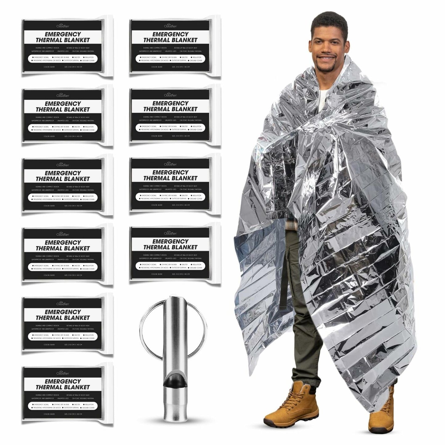 CloudTen Emergency Blanket Bundle 10 Tear Resistant Mylar Blankets Whistle