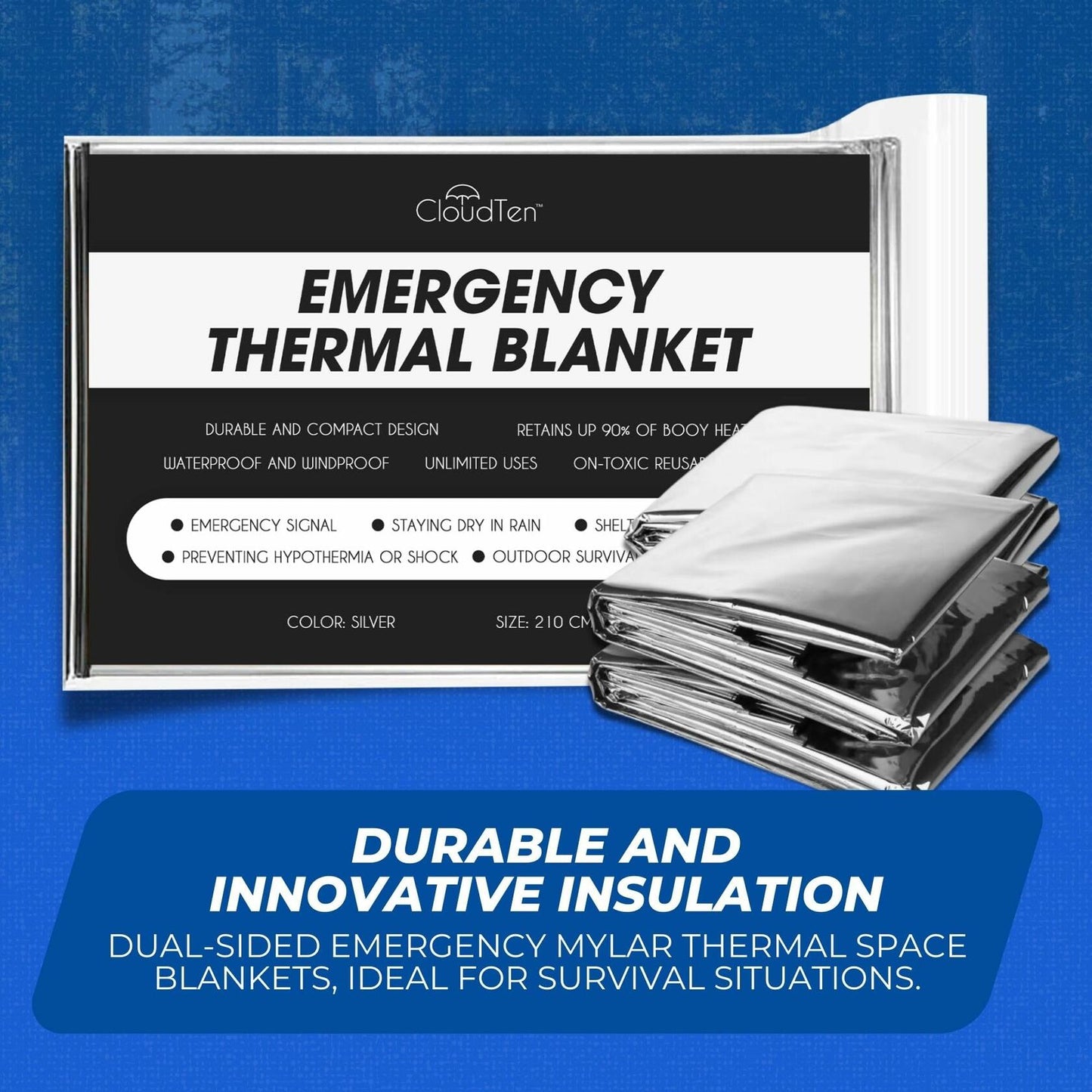 CloudTen Emergency Blanket Bundle 10 Tear Resistant Mylar Blankets Whistle