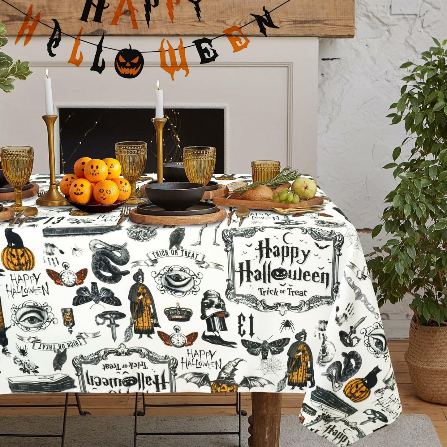 aoselan Halloween Waterproof Skeleton Spider Web Tablecloth 60x120 Inch