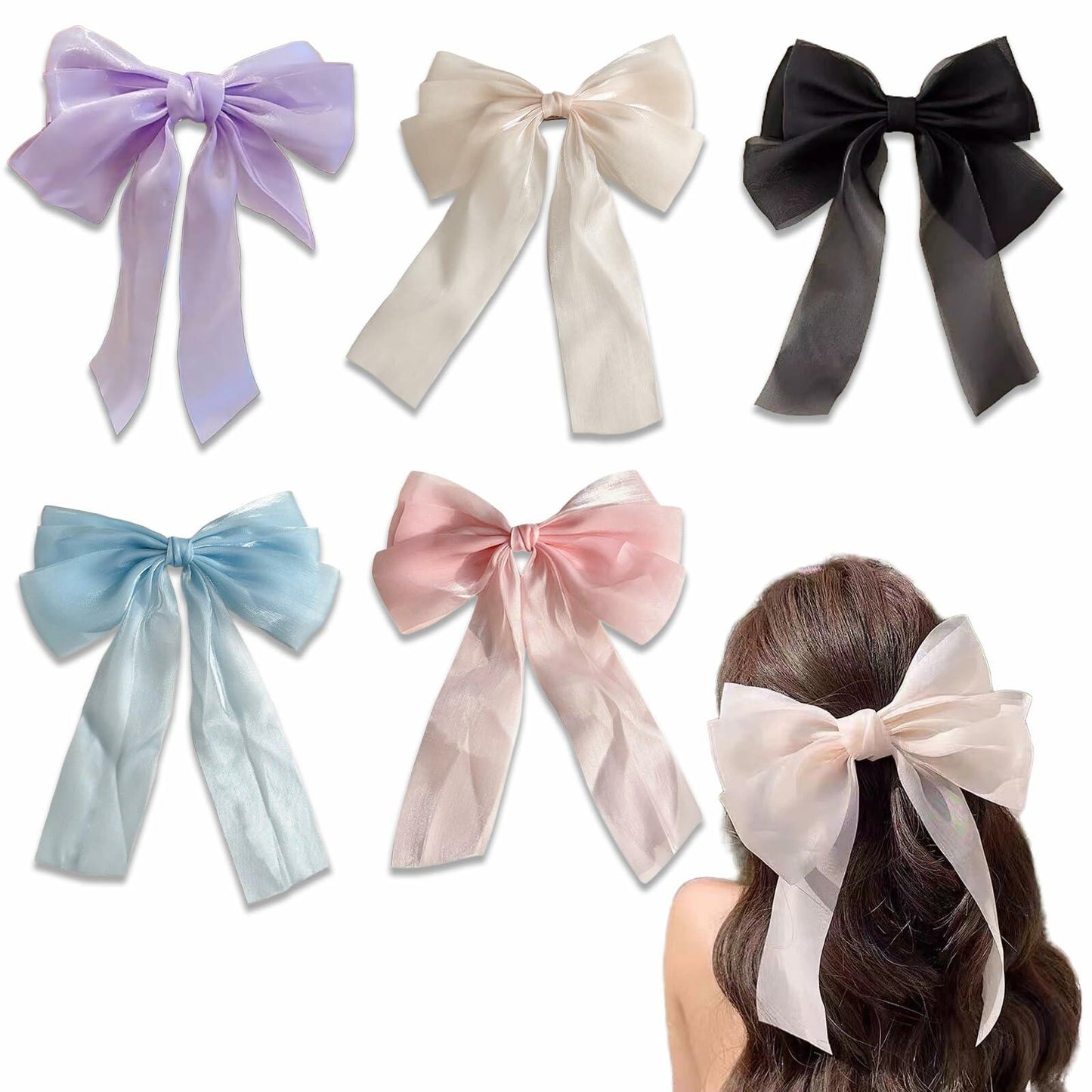 SCORYULE Bow Hair Clips 5PCS Multicolor Tulle Ribbon with Long Tails Girls Women