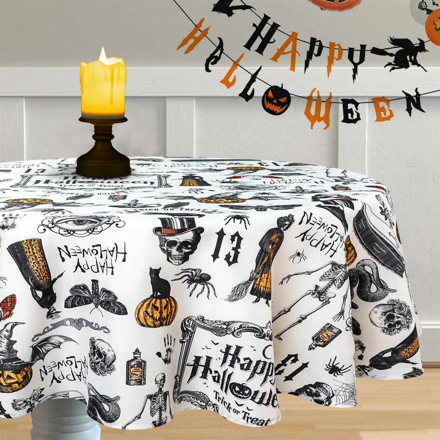 TOFWOF Halloween Waterproof Skeleton Spider Web Tablecloth 60x60 Inch