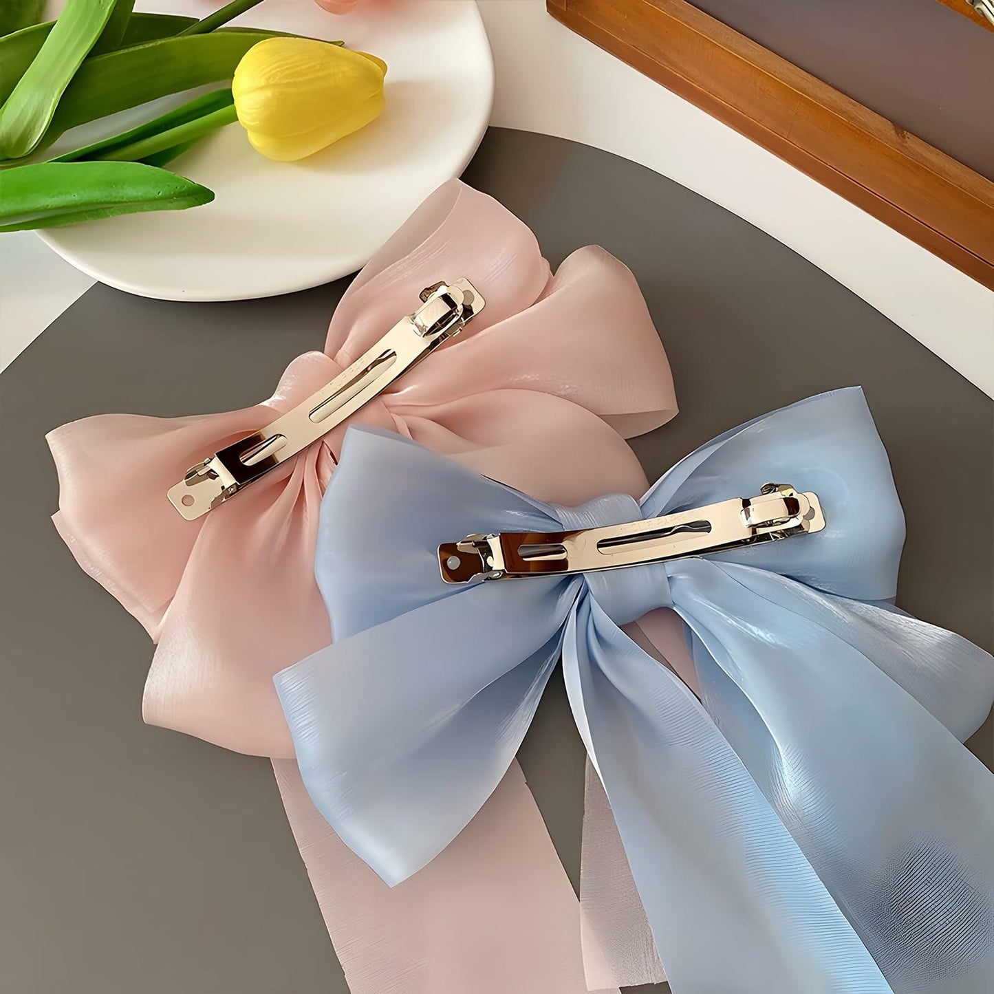 SCORYULE Bow Hair Clips 5PCS Multicolor Tulle Ribbon with Long Tails Girls Women