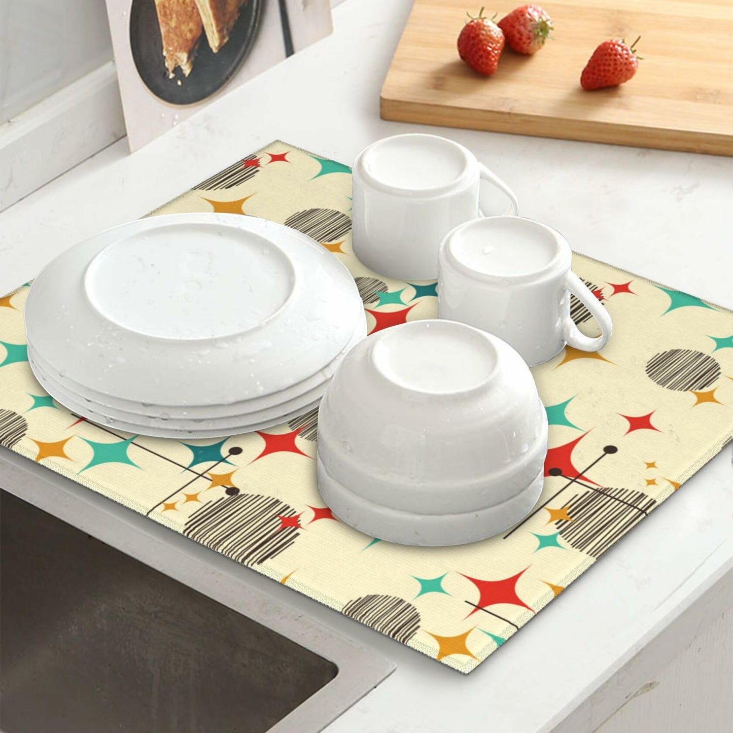 TNOKKU Mid Century Modern Atomic Retro Dish Drying Mat Yellow 16x18