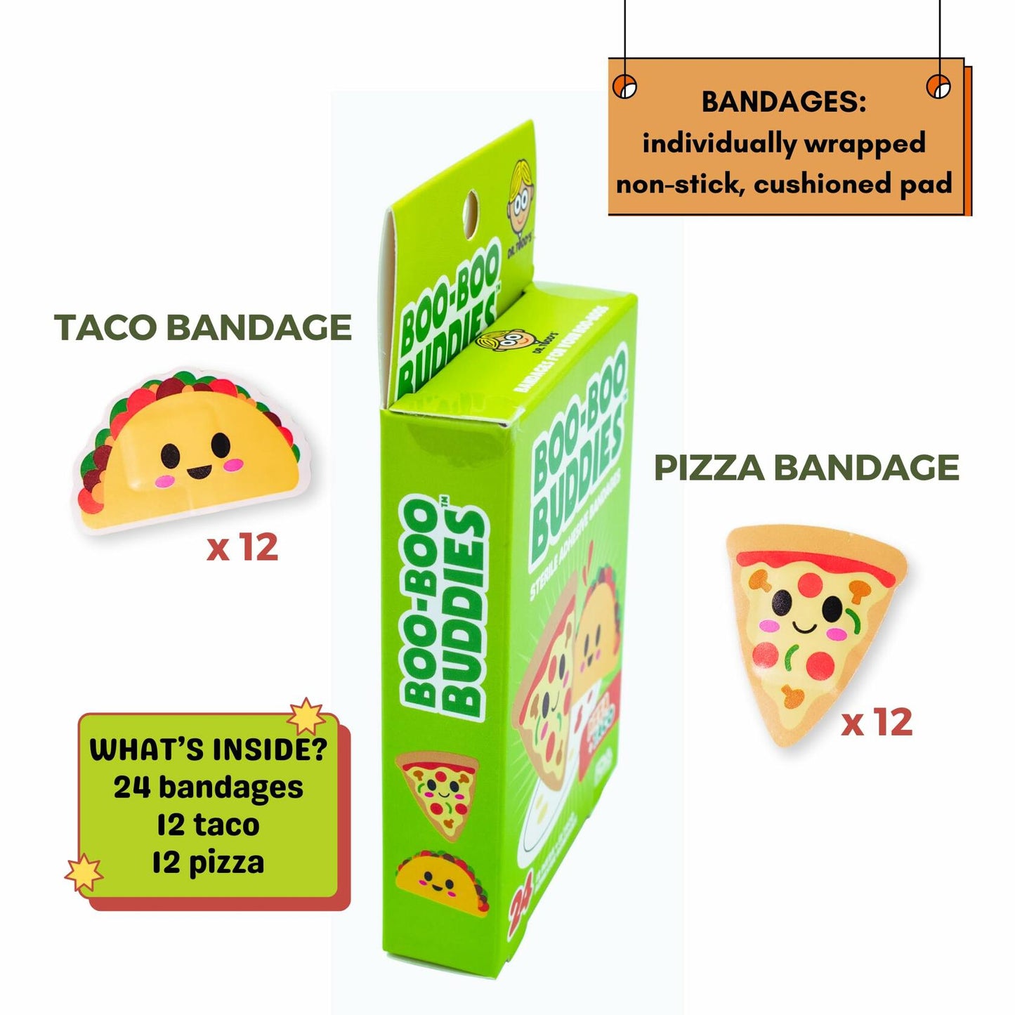 Boo Boo Buddies Kids Adhesive Bandages Pizza Taco 24 Count Sterile