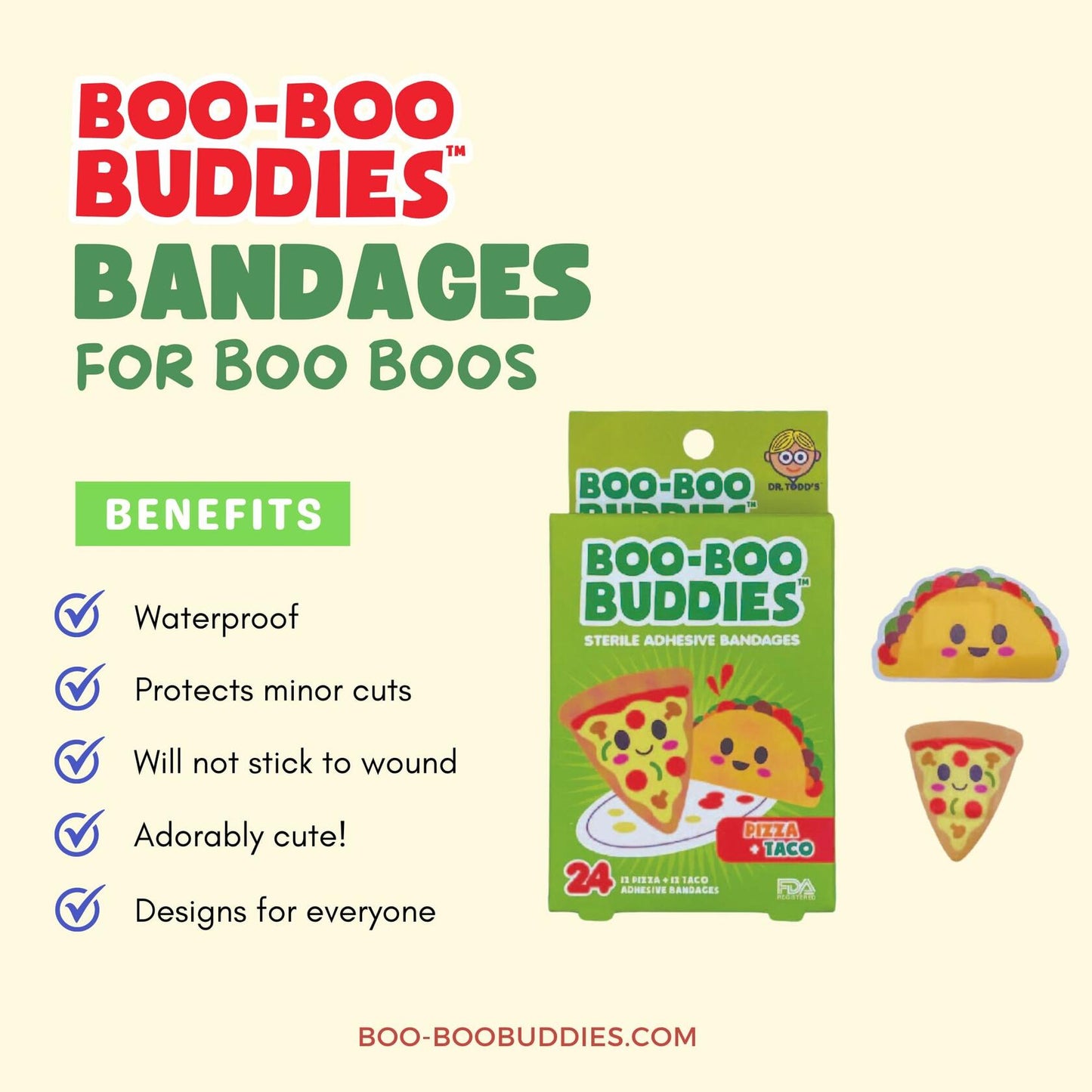 Boo Boo Buddies Kids Adhesive Bandages Pizza Taco 24 Count Sterile