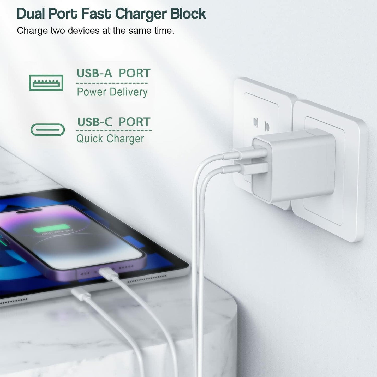 Fitquipment Fast 20W Dual Port QC+ USB C Charger 2Pack White 6FT Cable
