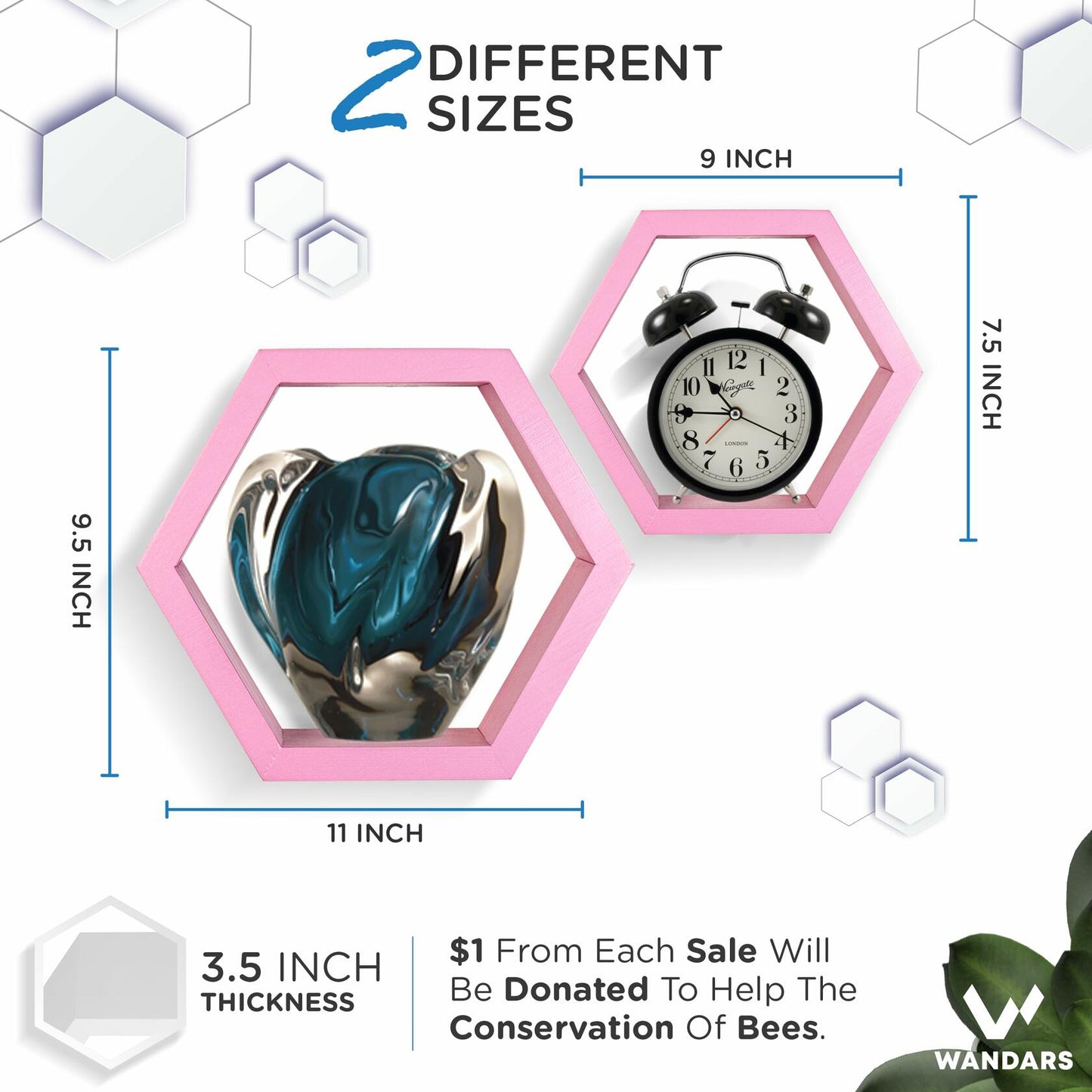 Wandars Hexagon Honeycomb Shelves Set of 2 Pine Wood Rose Quartz 11x11x9.5