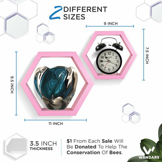 Wandars Hexagon Honeycomb Shelves Set of 2 Pine Wood Rose Quartz 11x11x9.5