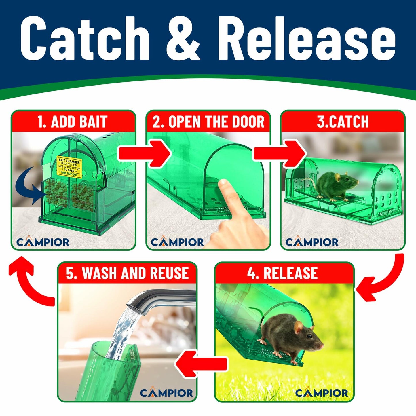 Campior Humane Mouse Trap Large No-Kill Indoor Catch-Release Green 2 Pack