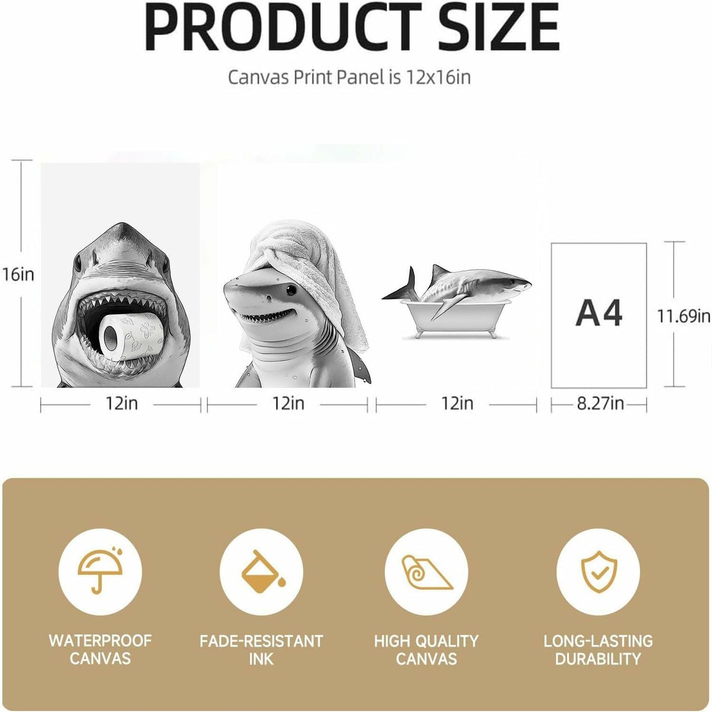 YOYIAXT 3-Piece Bathroom Canvas Wall Art Shark Black White 12x16 in