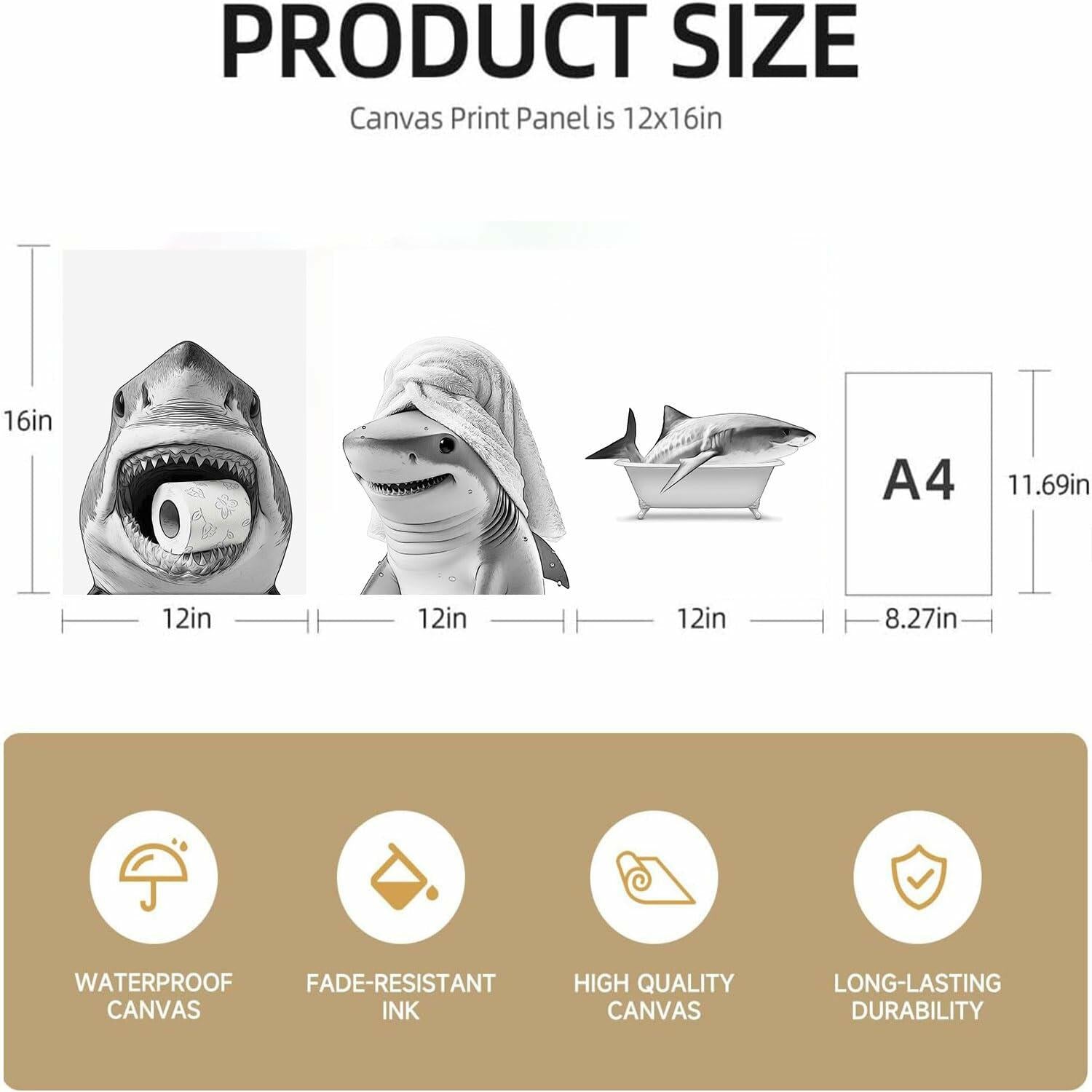 YOYIAXT 3-Piece Bathroom Canvas Wall Art Shark Black White 12x16 in