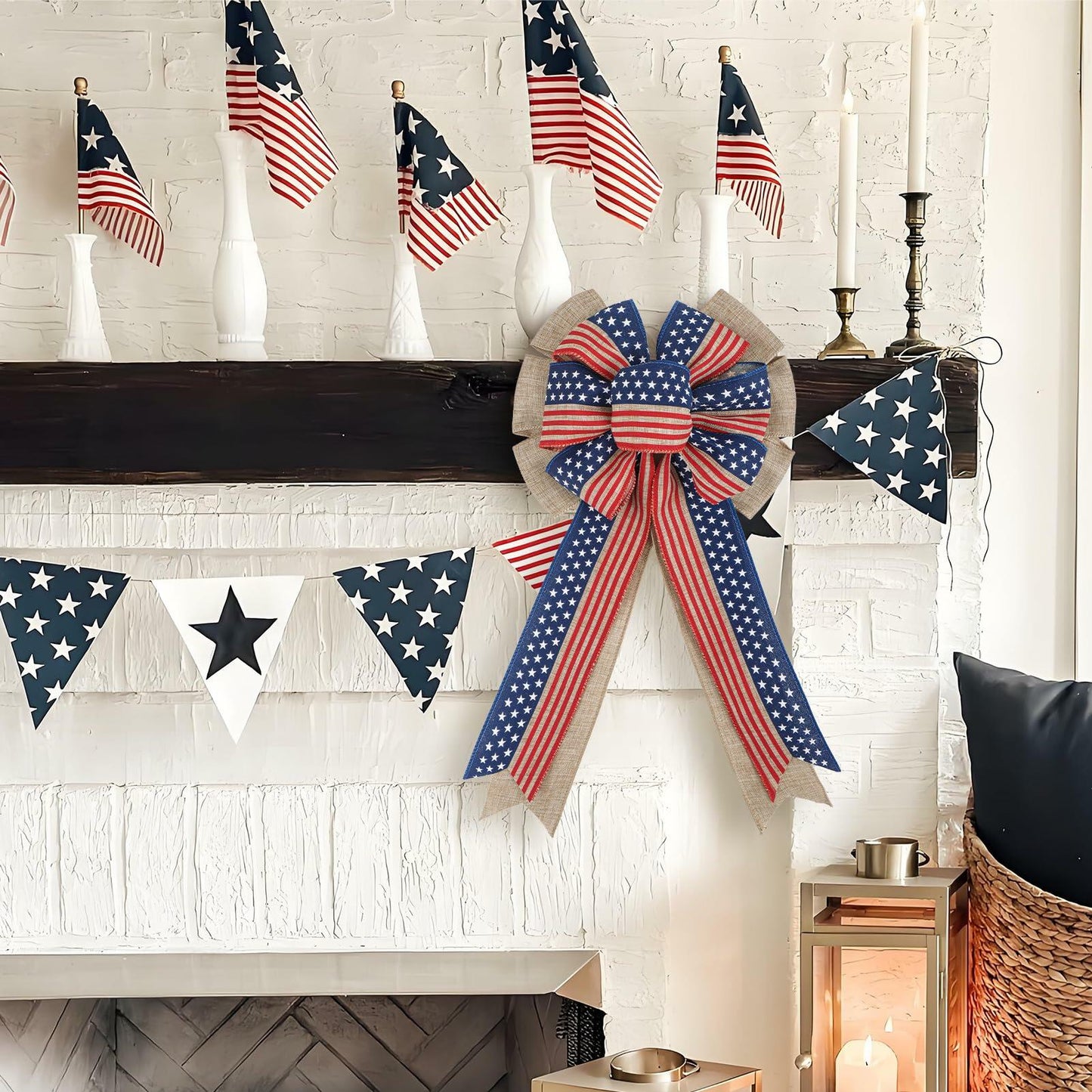 YanJie 4th of July American Flag Burlap Wreath Bow Patriotic Decor Stripes