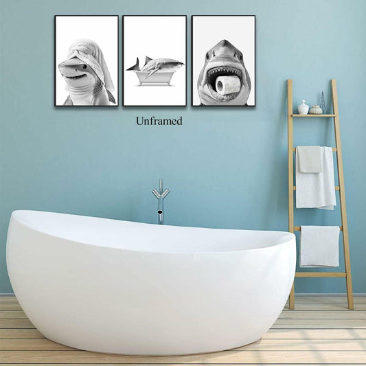 YOYIAXT 3-Piece Bathroom Canvas Wall Art Shark Black White 12x16 in