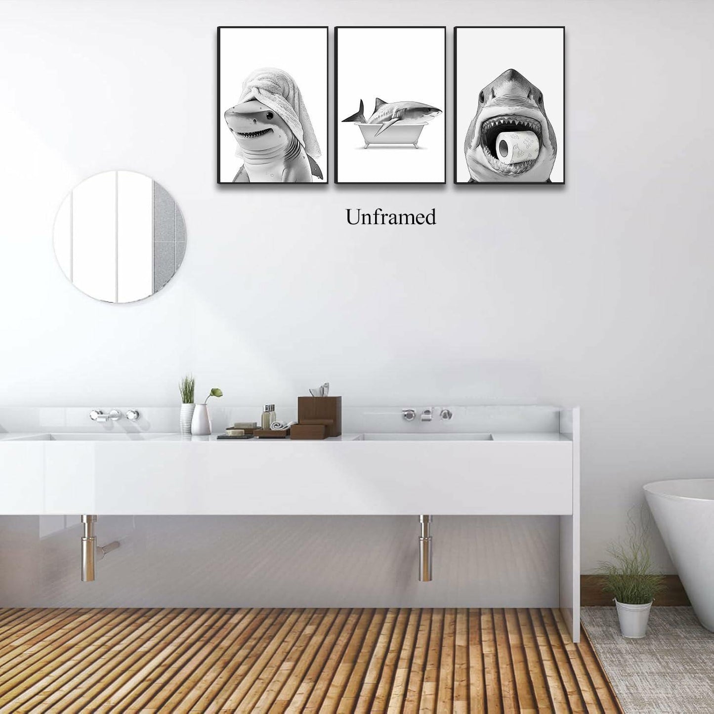 YOYIAXT 3-Piece Bathroom Canvas Wall Art Shark Black White 12x16 in