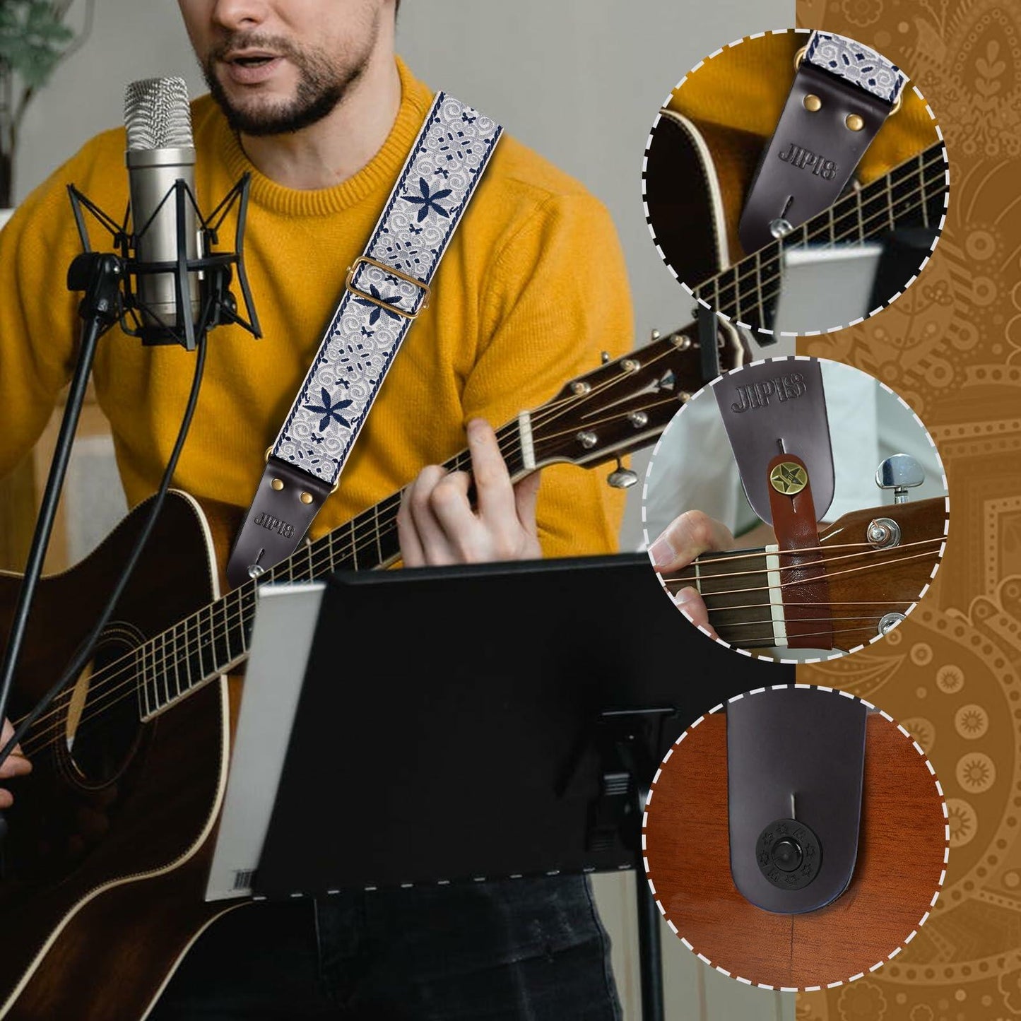 JIPIS Guitar Strap GS-89 with Head Strap 2 Buckles and 3 Picks Set