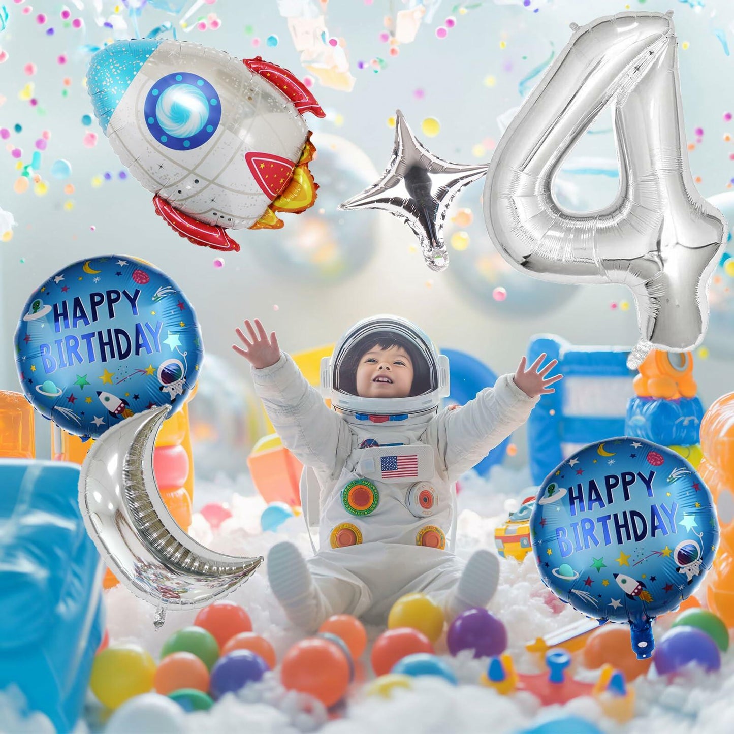 HXOUSE 6Pcs Extra Large Space Balloon Set Rocket Moon Planet Silver No.4