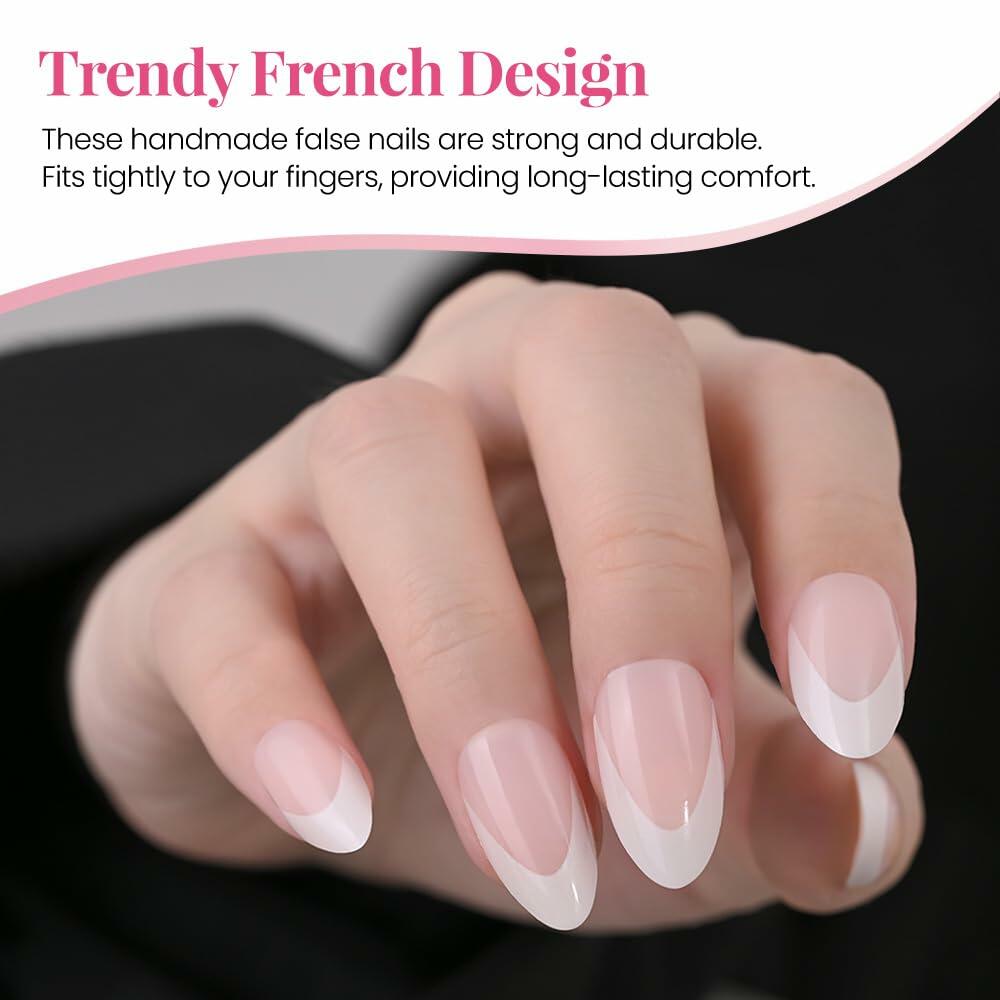 Stbisen Pink French Tip Press On Nails Almond Short Glossy Gel 30Pcs