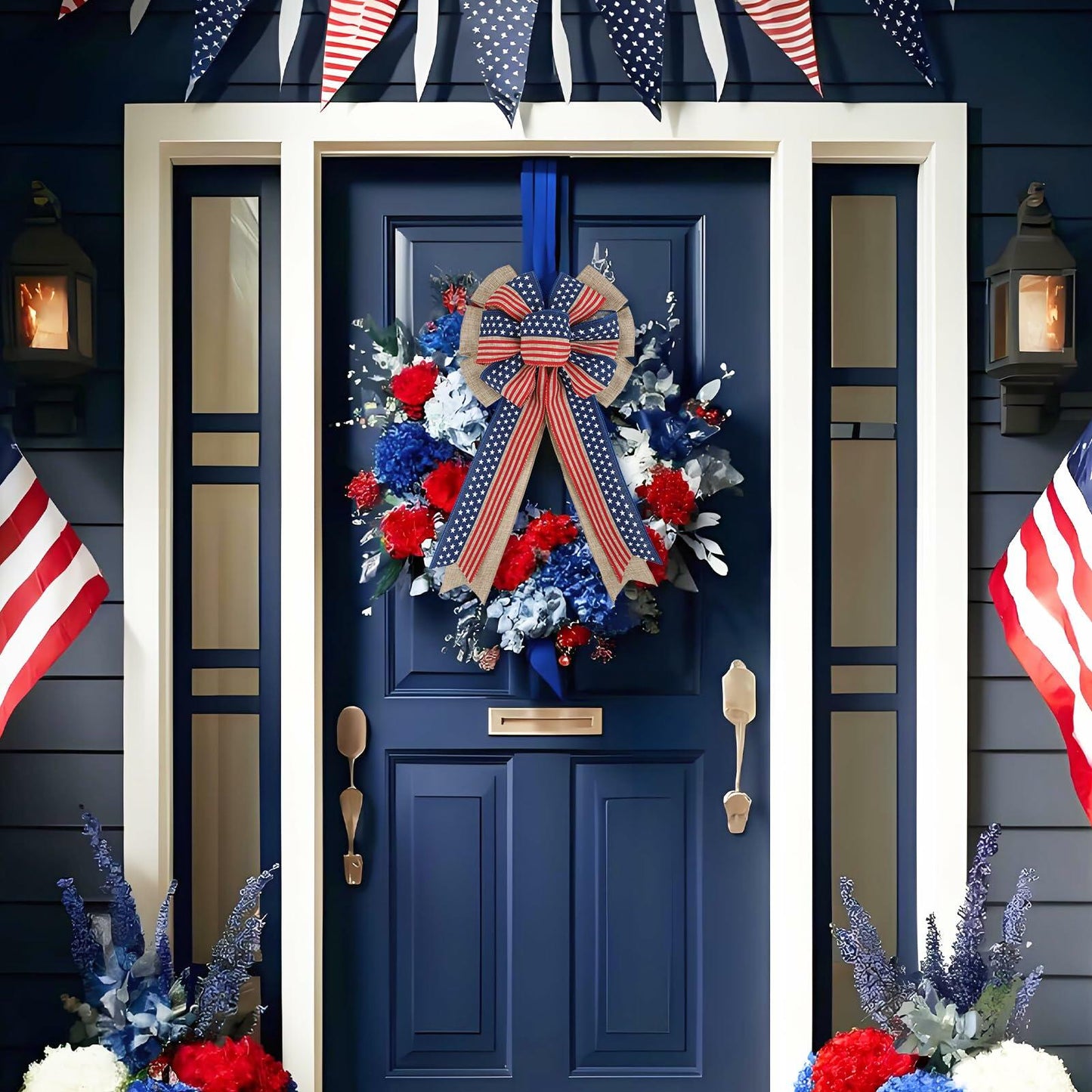 YanJie 4th of July American Flag Burlap Wreath Bow Patriotic Decor Stripes