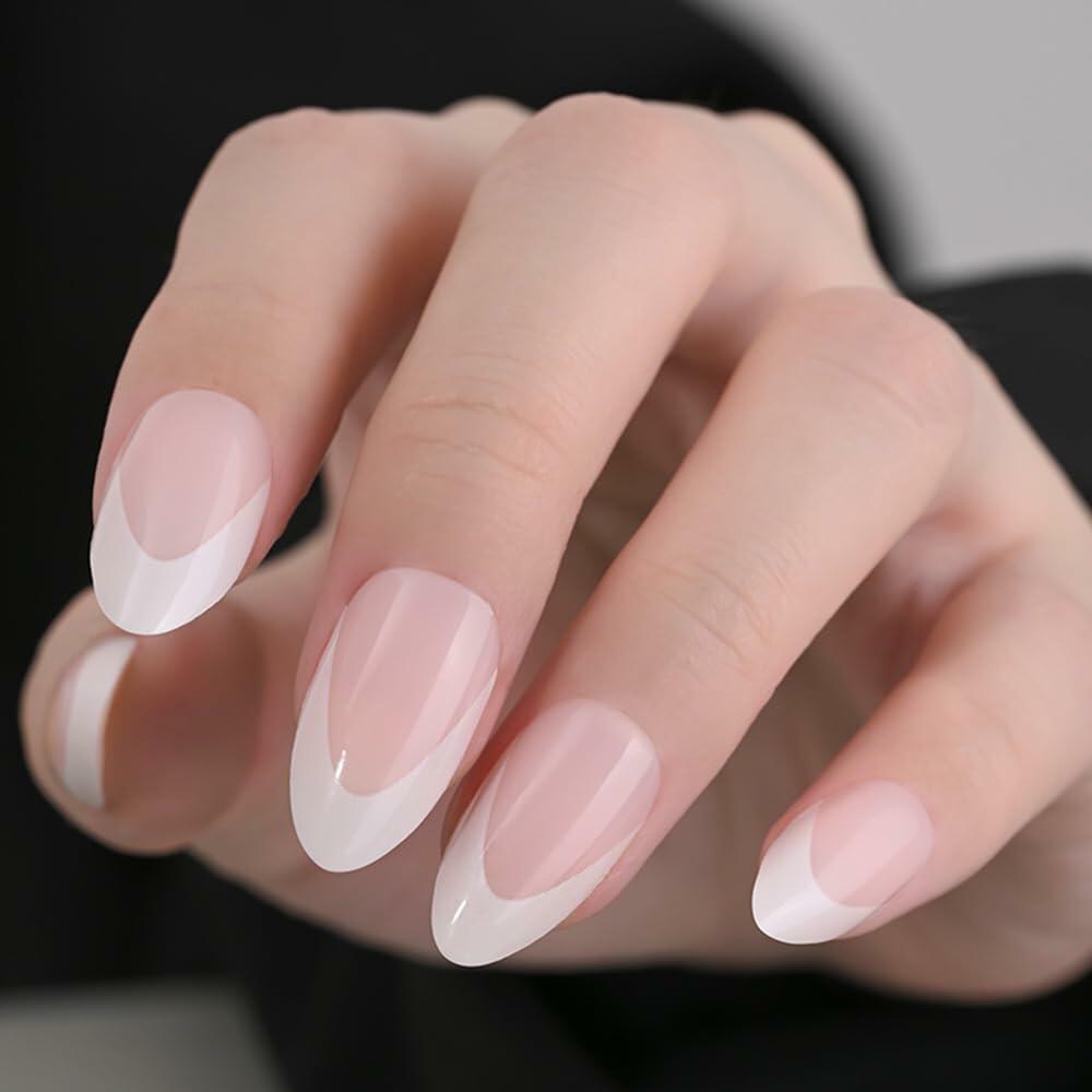 Stbisen Pink French Tip Press On Nails Almond Short Glossy Gel 30Pcs