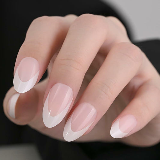 Stbisen Pink French Tip Press On Nails Almond Short Glossy Gel 30Pcs