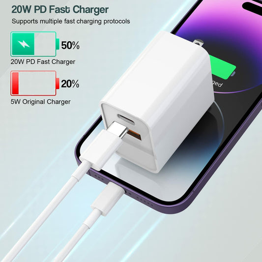Fitquipment Fast 20W Dual Port QC+ USB C Charger 2Pack White 6FT Cable