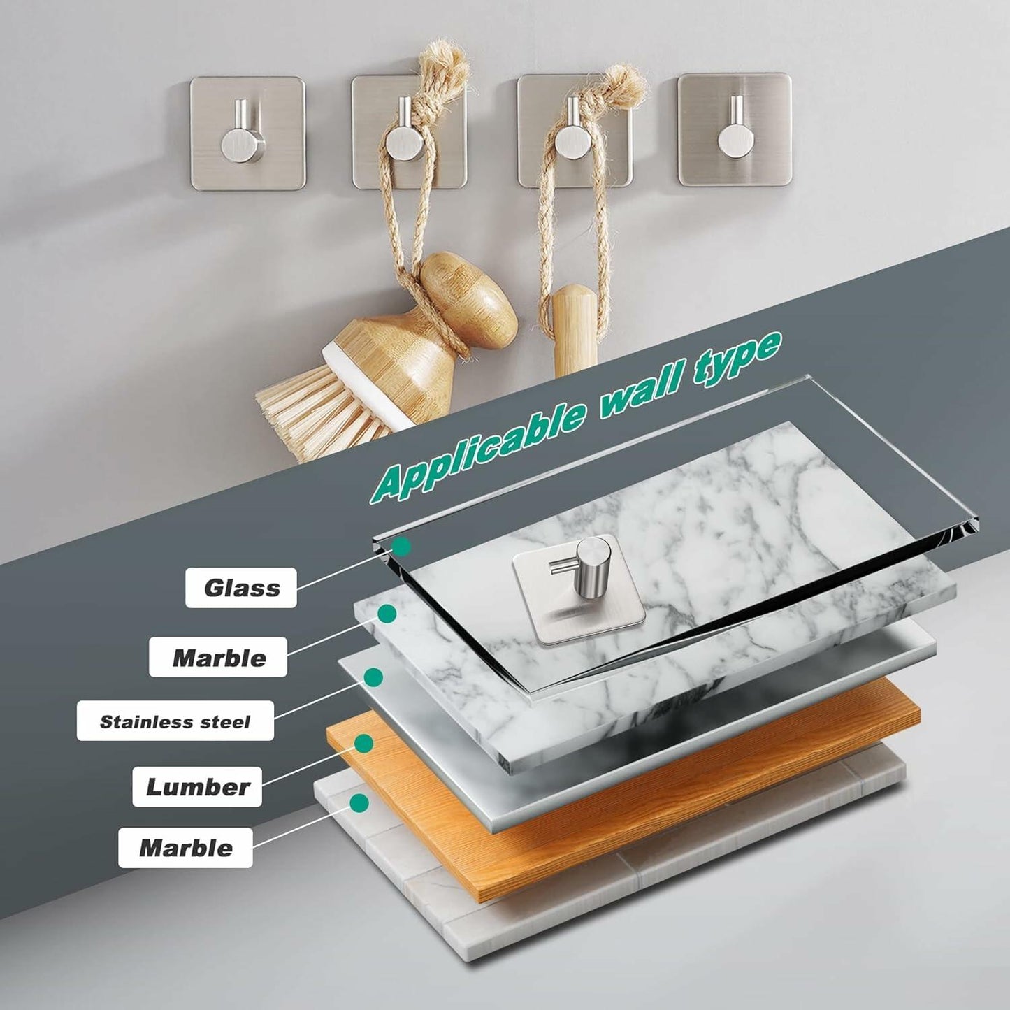 Eowihor 6 Pack Silver Stainless Steel Wall Hooks Heavy Duty Waterproof