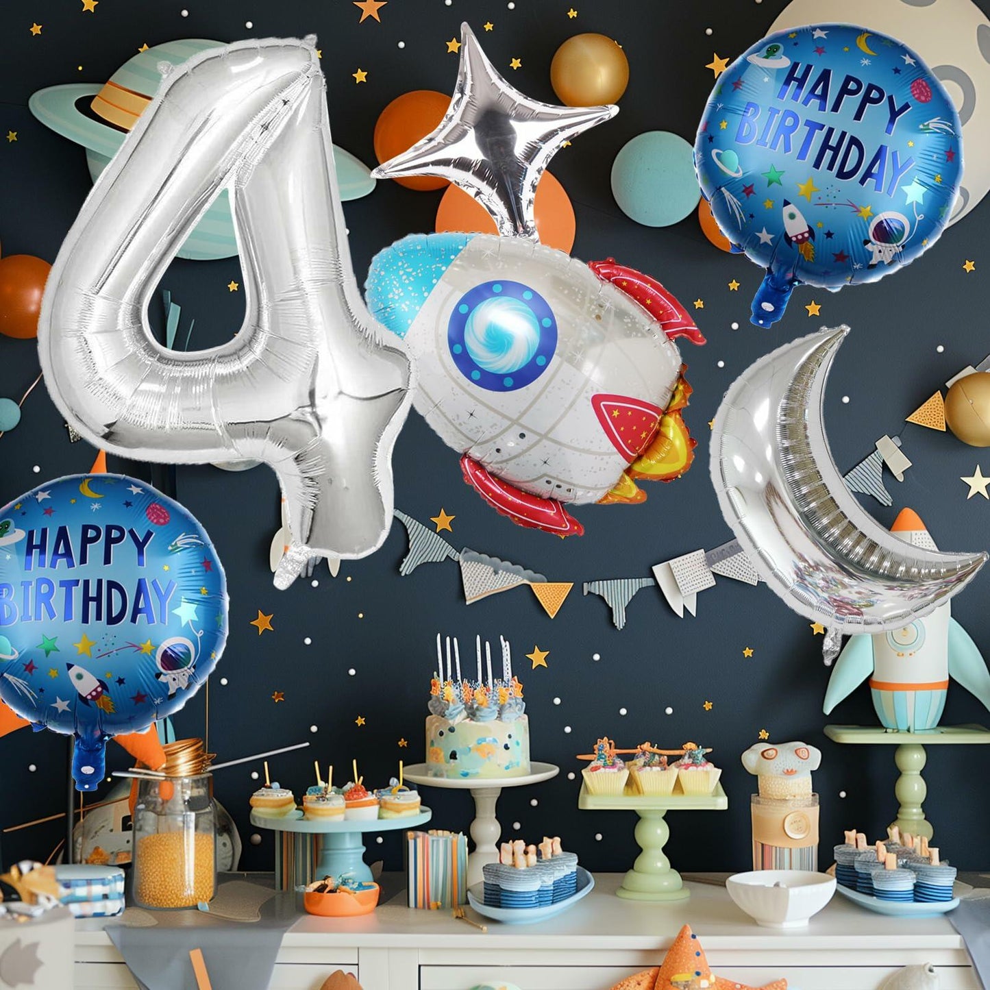 HXOUSE 6Pcs Extra Large Space Balloon Set Rocket Moon Planet Silver No.4