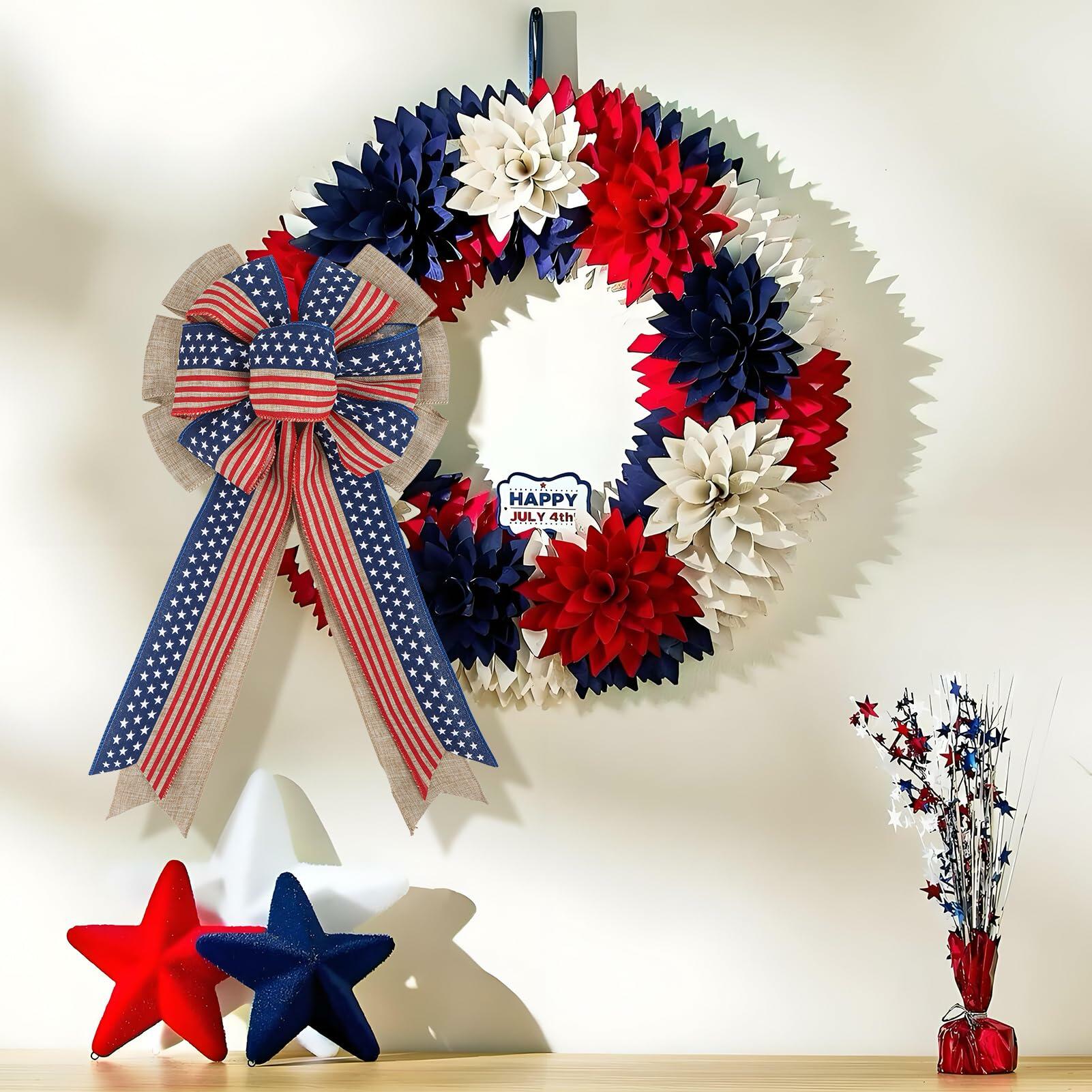 YanJie 4th of July American Flag Burlap Wreath Bow Patriotic Decor Stripes