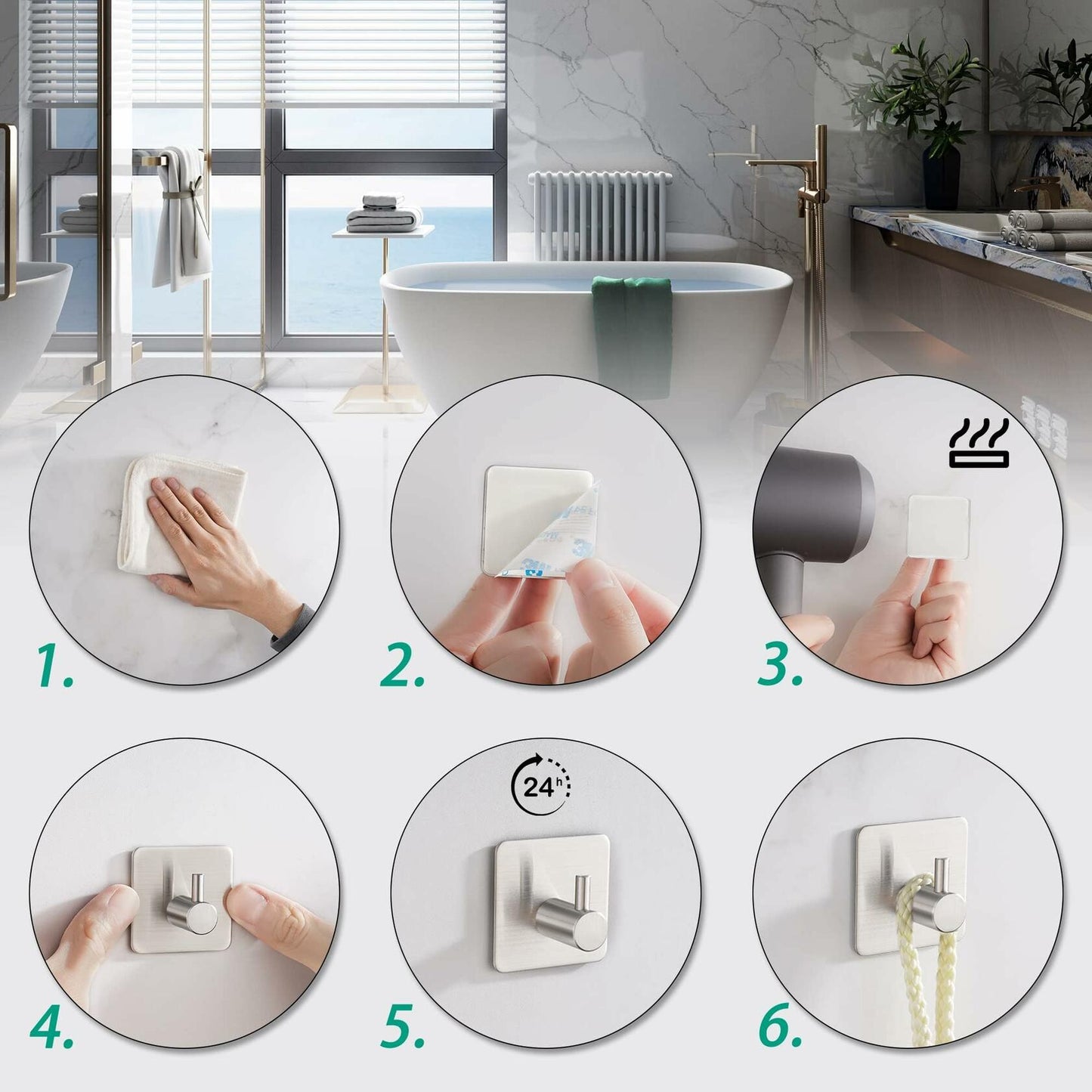 Eowihor 6 Pack Silver Stainless Steel Wall Hooks Heavy Duty Waterproof