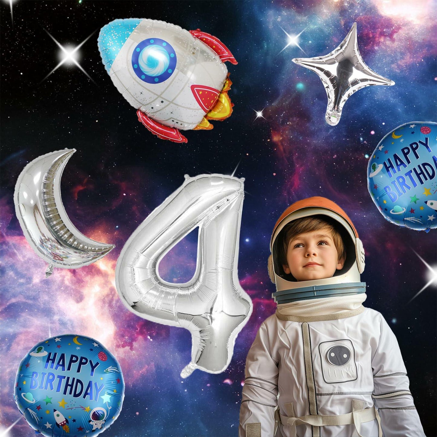 HXOUSE 6Pcs Extra Large Space Balloon Set Rocket Moon Planet Silver No.4