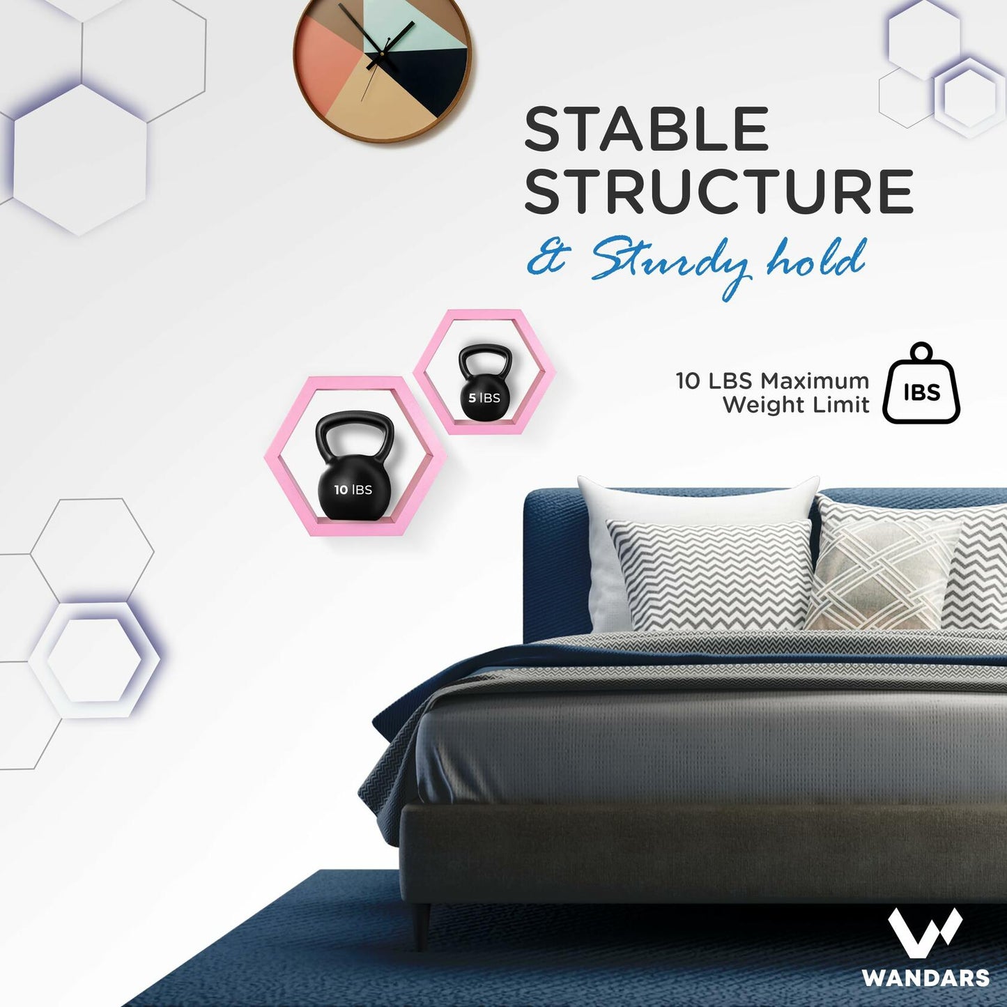 Wandars Hexagon Honeycomb Shelves Set of 2 Pine Wood Rose Quartz 11x11x9.5