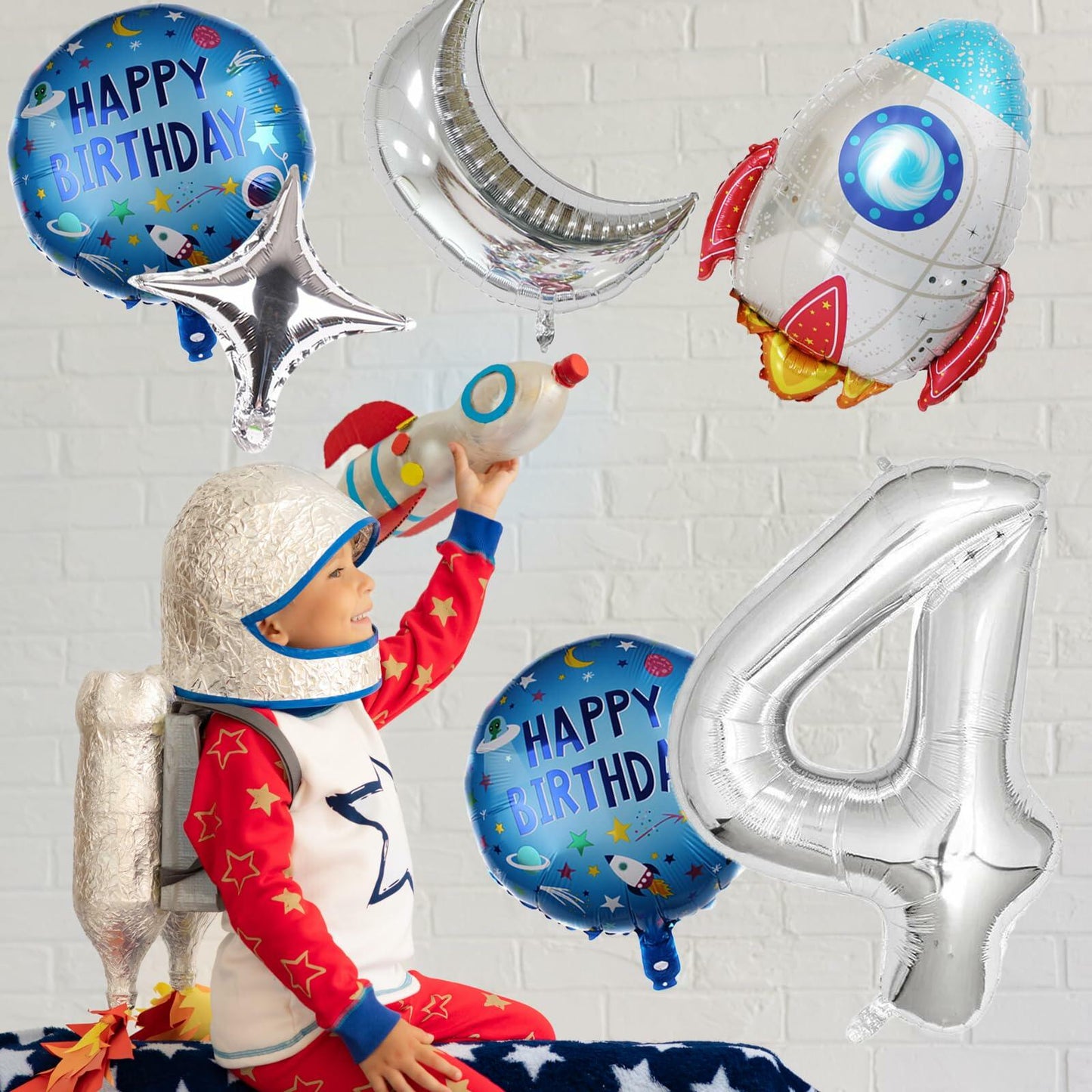 HXOUSE 6Pcs Extra Large Space Balloon Set Rocket Moon Planet Silver No.4