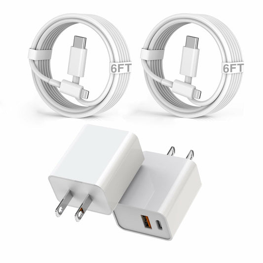 Fitquipment Fast 20W Dual Port QC+ USB C Charger 2Pack White 6FT Cable