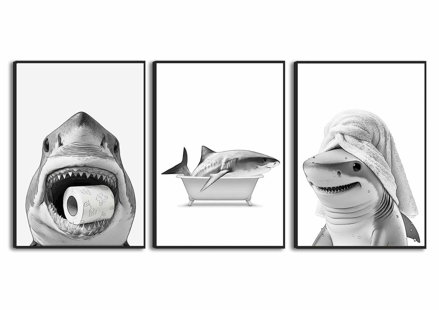 YOYIAXT 3-Piece Bathroom Canvas Wall Art Shark Black White 12x16 in