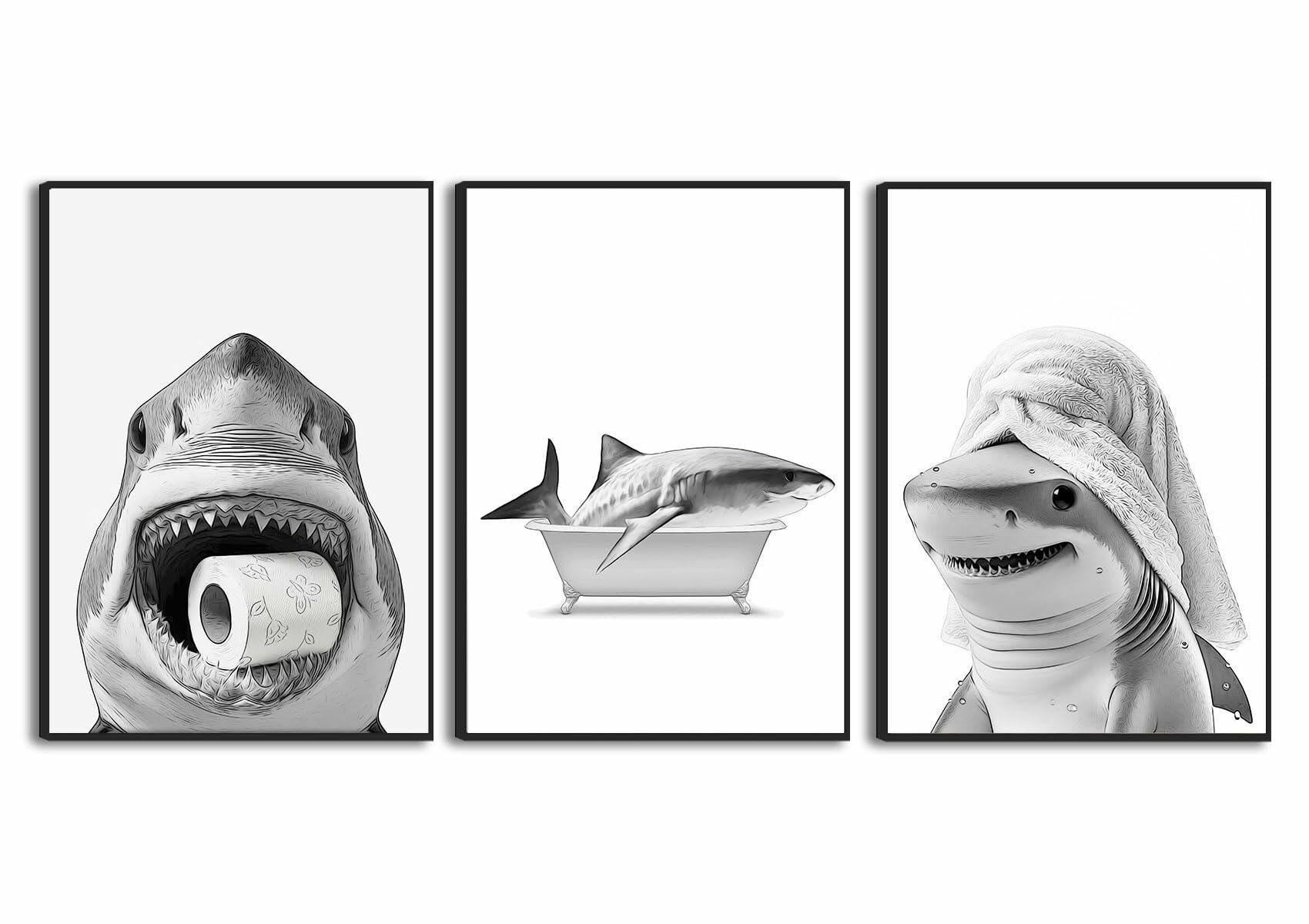 YOYIAXT 3-Piece Bathroom Canvas Wall Art Shark Black White 12x16 in