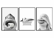 YOYIAXT 3-Piece Bathroom Canvas Wall Art Shark Black White 12x16 in