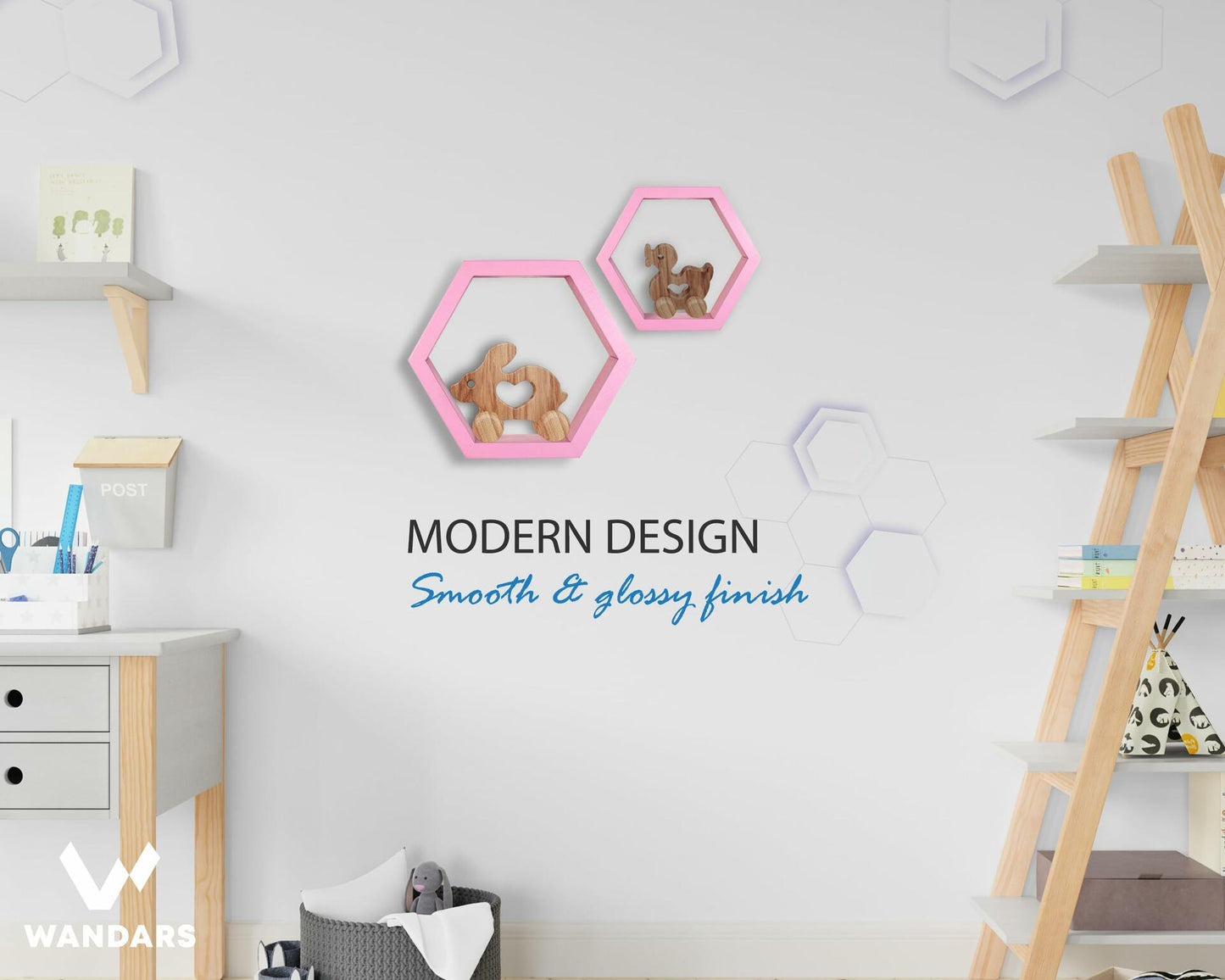 Wandars Hexagon Honeycomb Shelves Set of 2 Pine Wood Rose Quartz 11x11x9.5