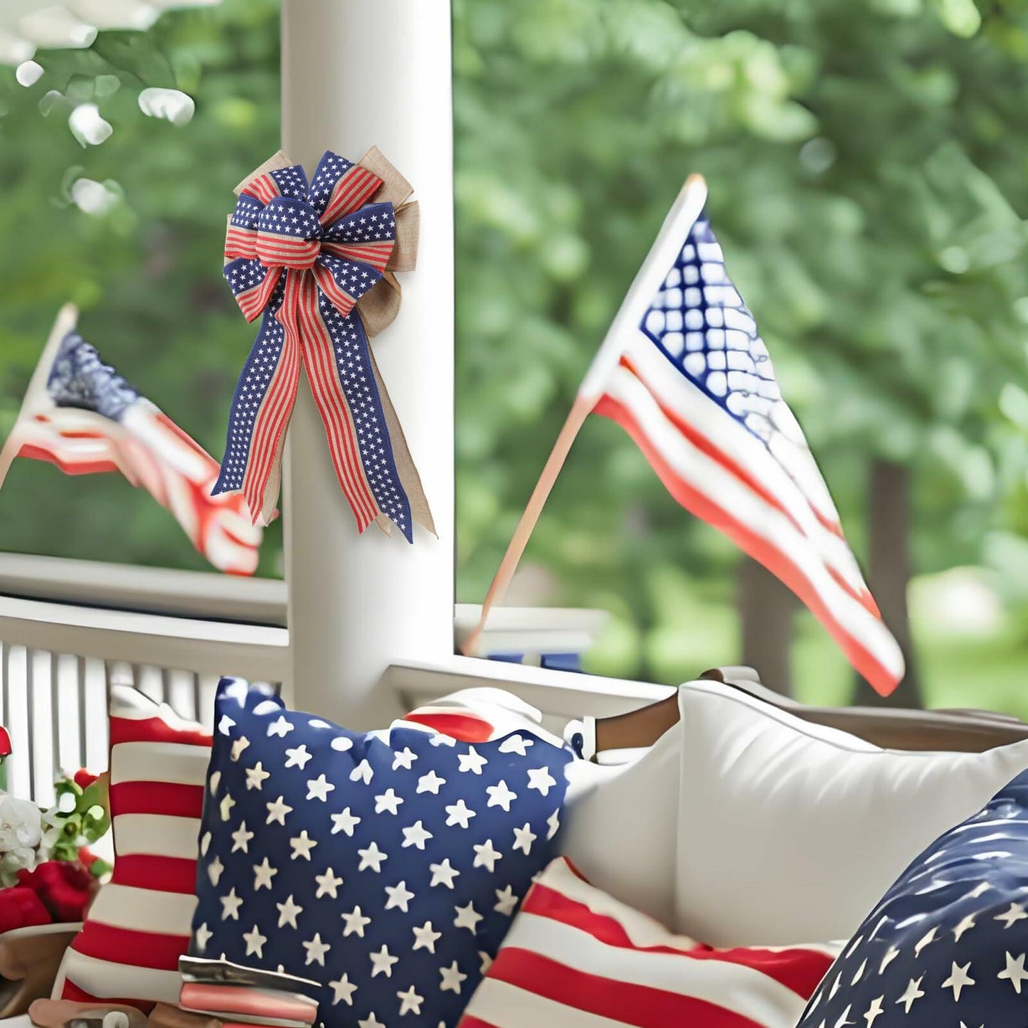 YanJie 4th of July American Flag Burlap Wreath Bow Patriotic Decor Stripes