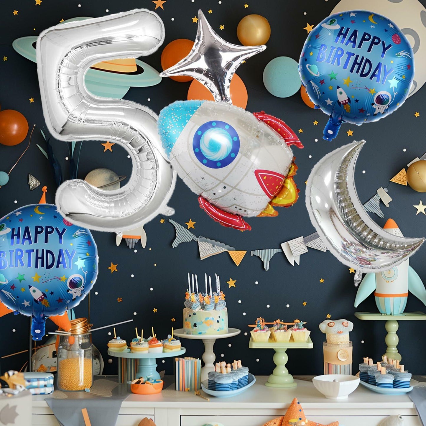 HXOUSE 6Pcs Extra Large Space Balloon Set Rocket Moon Planet 40" No.5