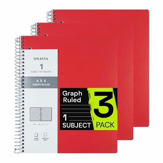 ONAVIA Spiral Notebook 3 Pack 1 Subject 4x4 Graph Ruled 100 Sheets 9x11 Red