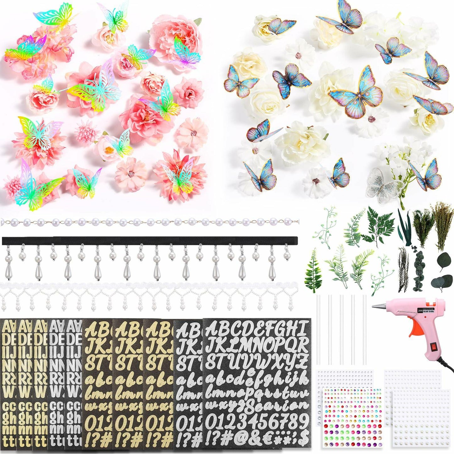 CraftyDream Artificial Flower Heads with Greenery Stems Pink Medium to Large